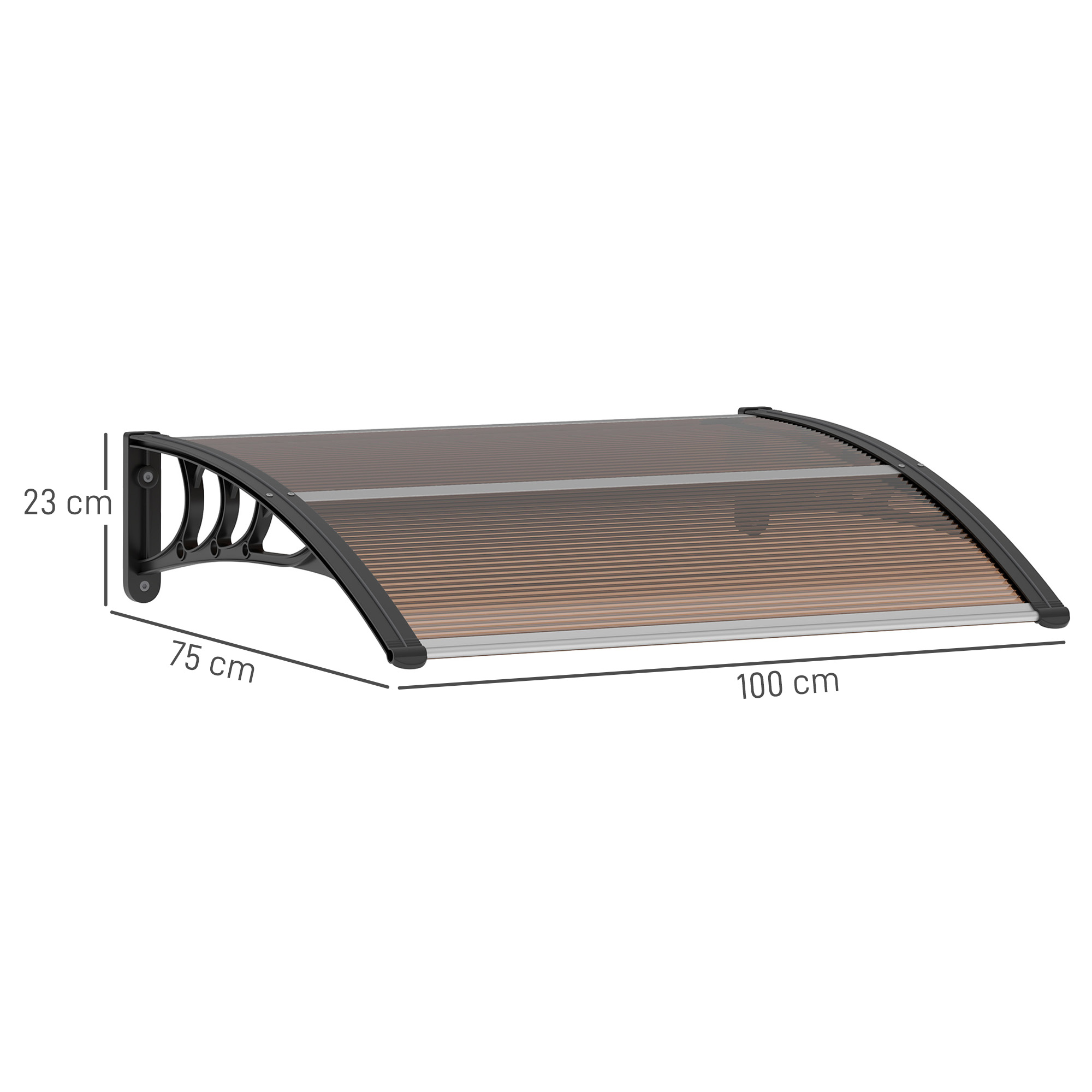 Markisenabmessungen in Zentimetern, mit braunem und schwarzem Design.