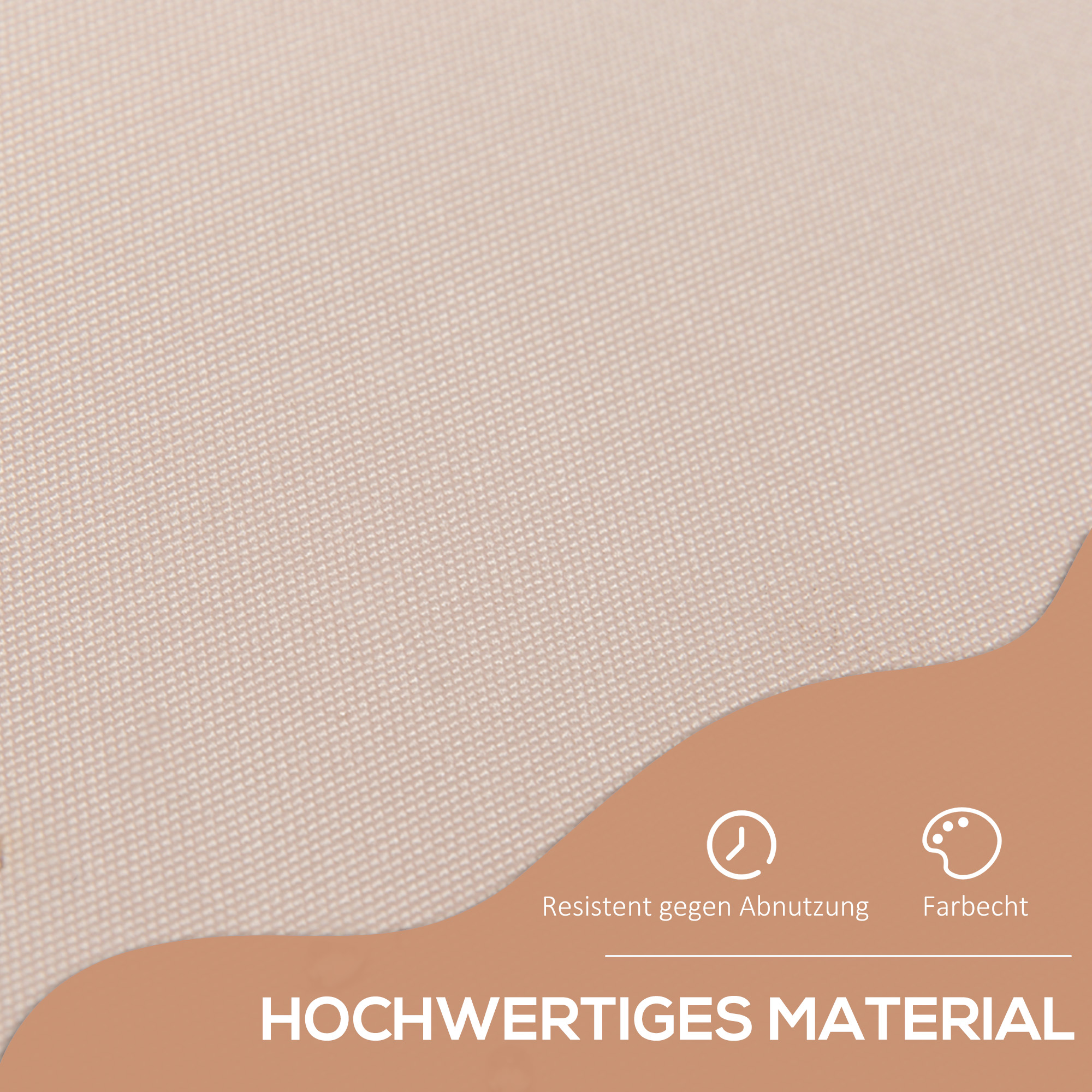 Nahaufnahme des beigen Markisenmaterials mit deutschem Text über die Materialqualität.