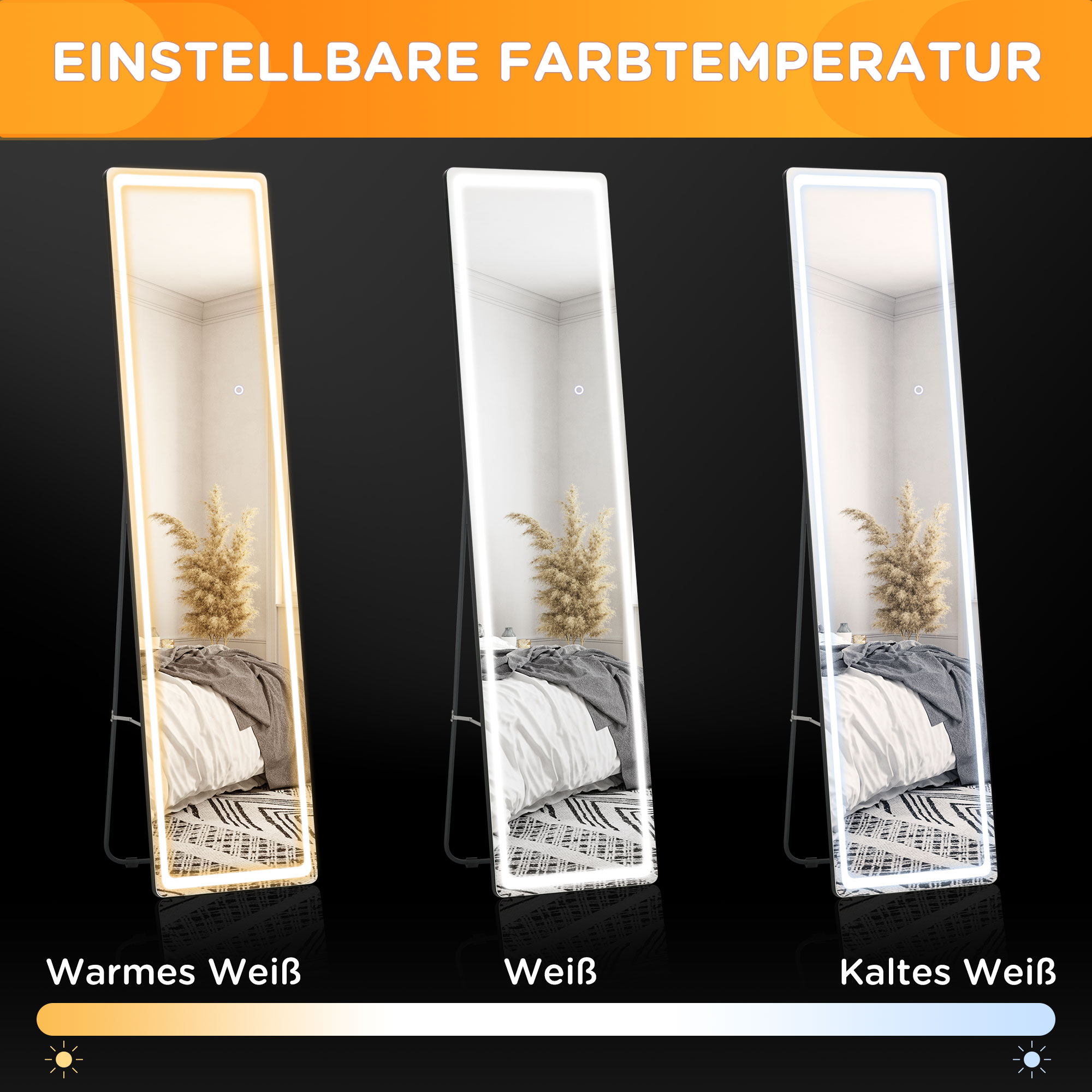 Spiegel, die einstellbare Farbtemperaturen anzeigen: warm, weiß und kaltweiß.