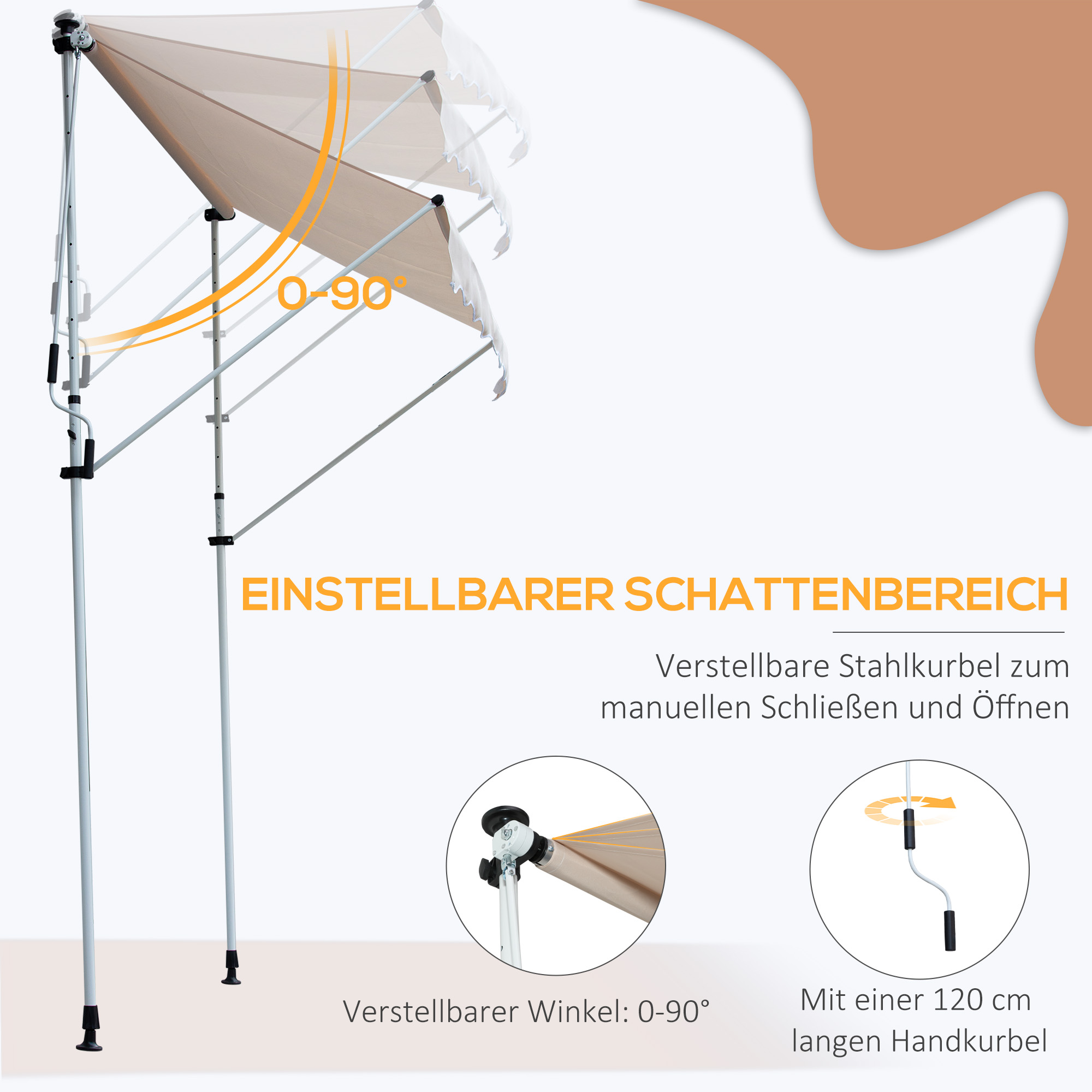 Verstellbare beigefarbene Markise mit weißem Rahmen. Details der verstellbaren Kurbel und des Winkels werden gezeigt.