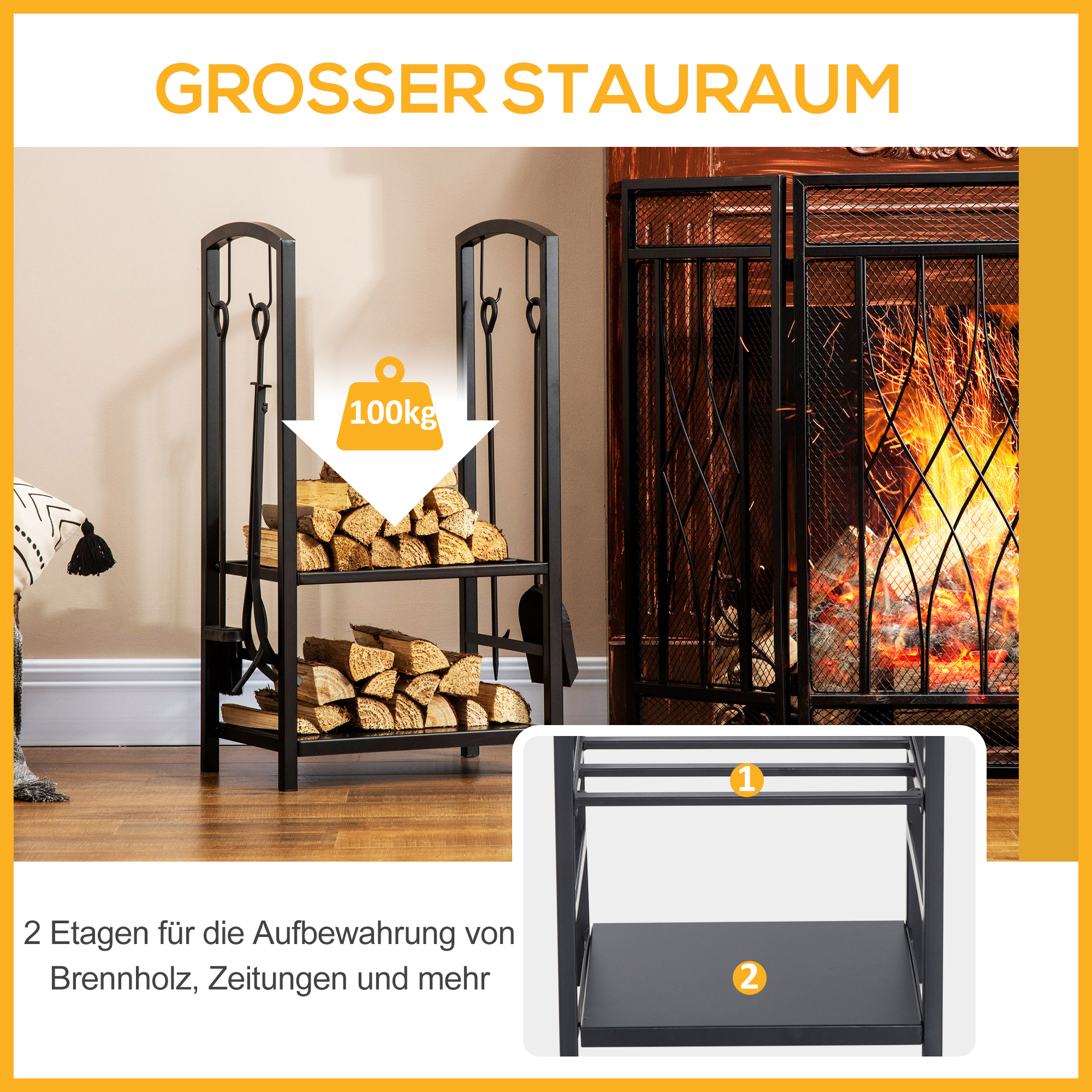 Schwarzer Metall-Holzhalter mit Holz gefüllt. Kamin im Hintergrund. 100kg-Etikett.