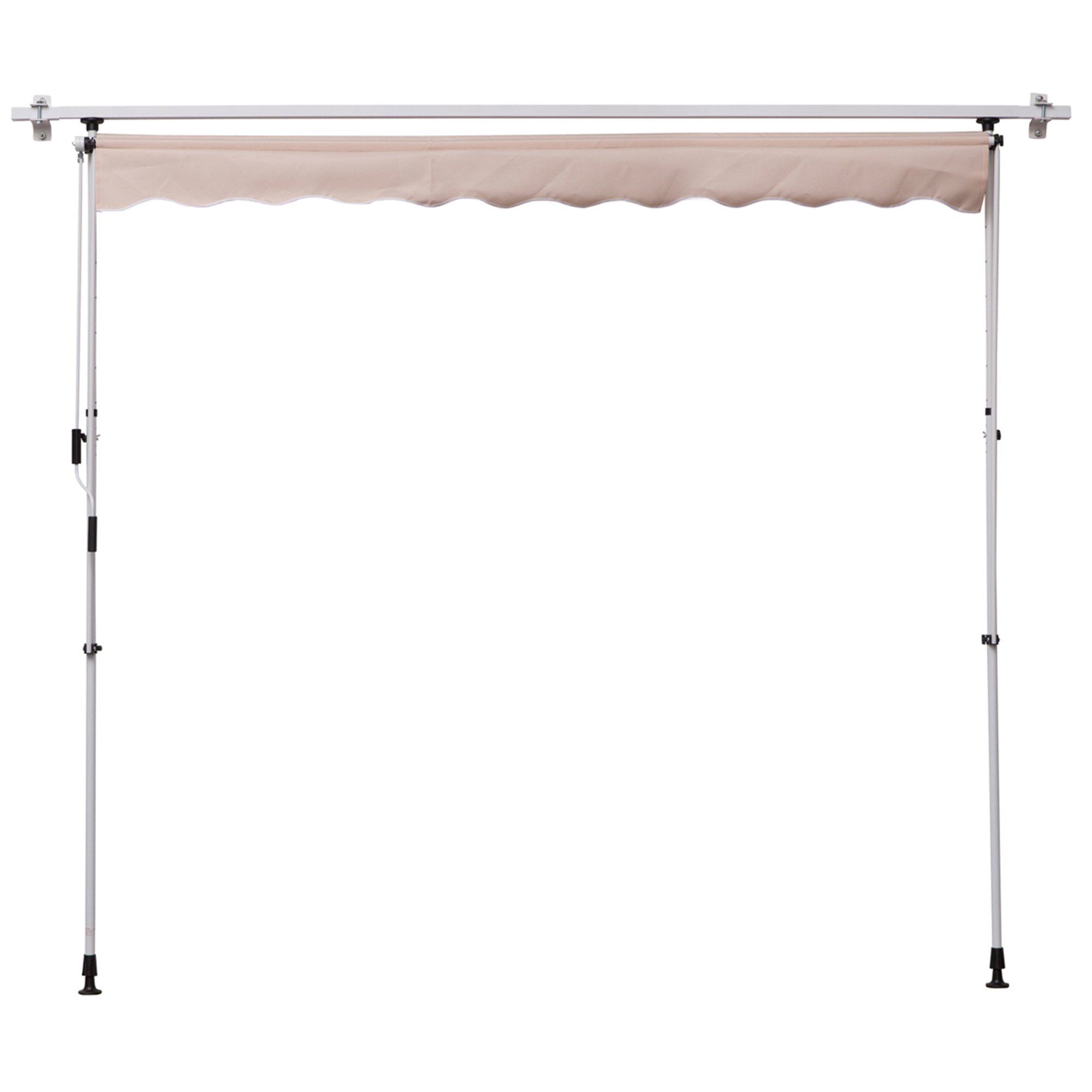 Beige Markise auf weißen Stangen ausgefahren. Die Markise hat einen wellenförmigen Rand und steht vor weißem Hintergrund.