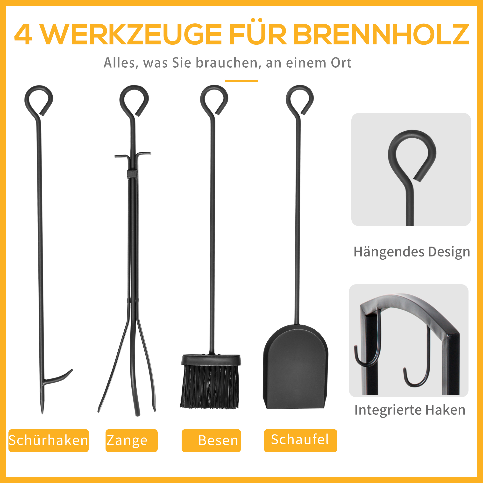 Vier schwarze Werkzeuge für den Kamin: Schürhaken, Zange, Bürste und Schaufel.