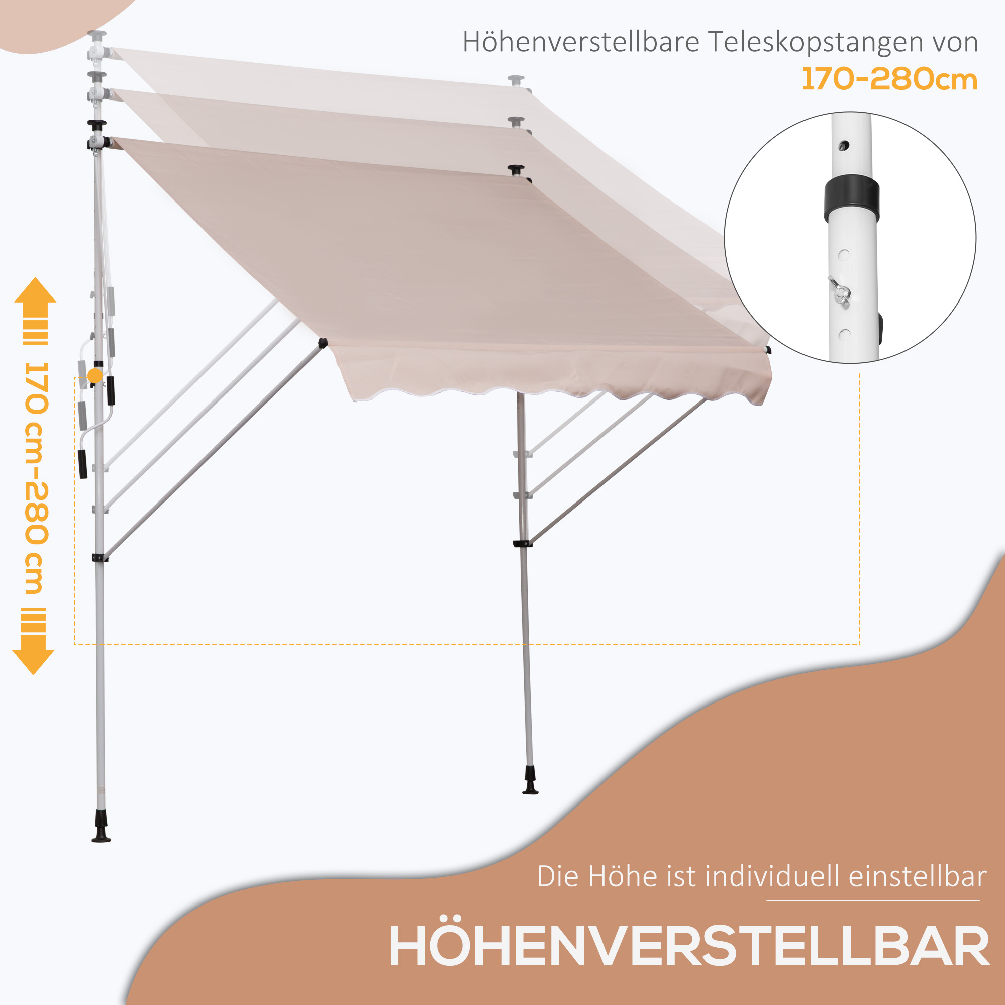 Höhenverstellbare Markise mit beigem Baldachin. Der Höhenverstellbereich beträgt 170 bis 280 cm.