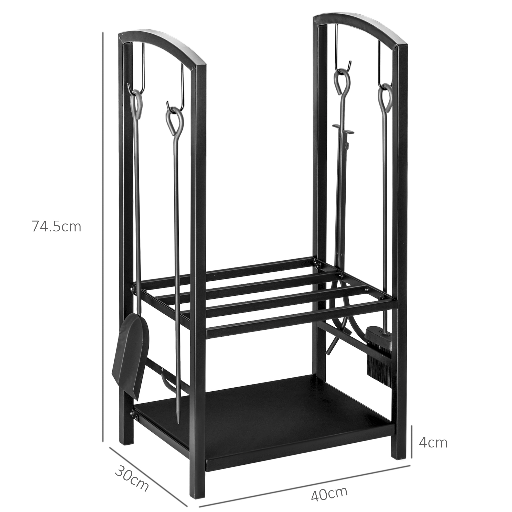 Schwarzer Metall-Holzhalter mit Zubehör. Abmessungen werden angezeigt.