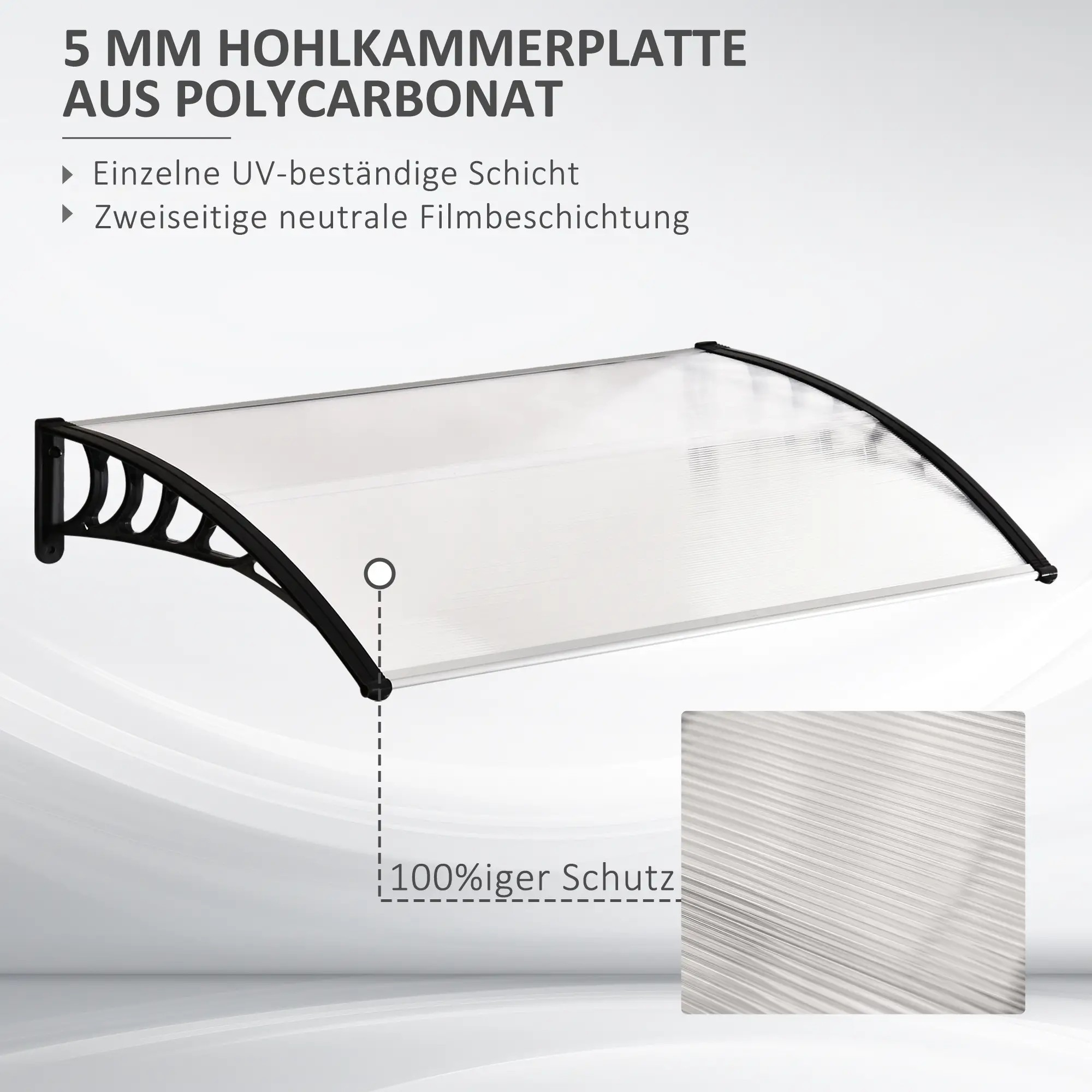Polycarbonat-Markise. Schwarzer Rahmen, transparentes Dach. Text über UV-Schutz und Filmbeschichtung.