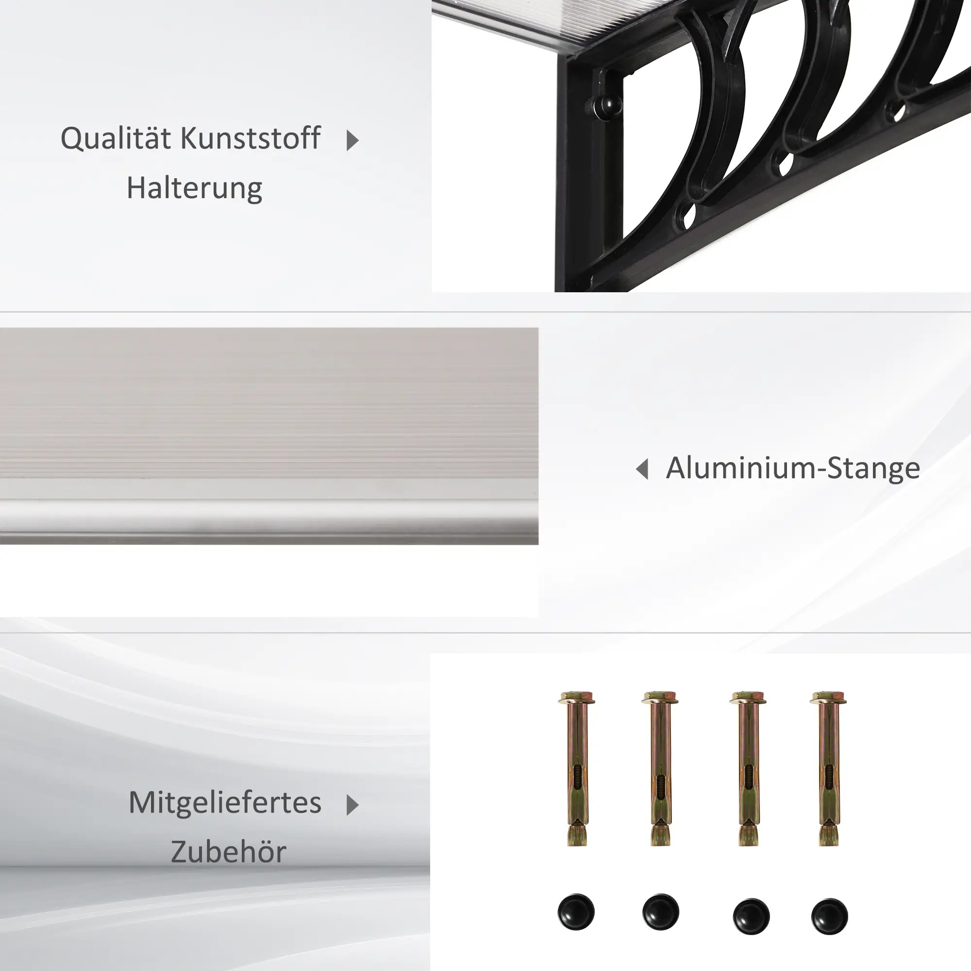 Das Bild zeigt verschiedene Komponenten eines Vordachs, einschließlich Halterungen, Aluminiumstange und Schrauben.