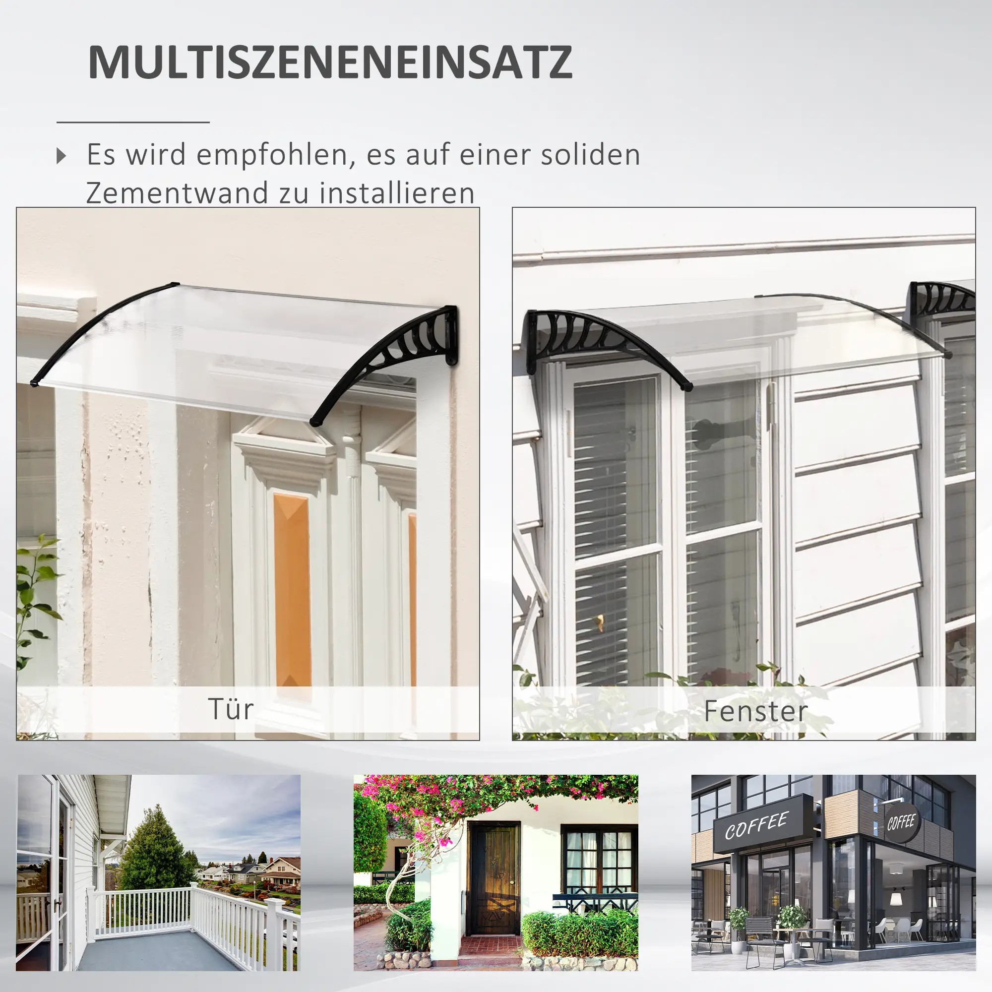 Bilder des Vordachs, das an einer Tür, einem Fenster und anderen Gebäuden installiert ist. Enthält verschiedene Anwendungsbeispiele.