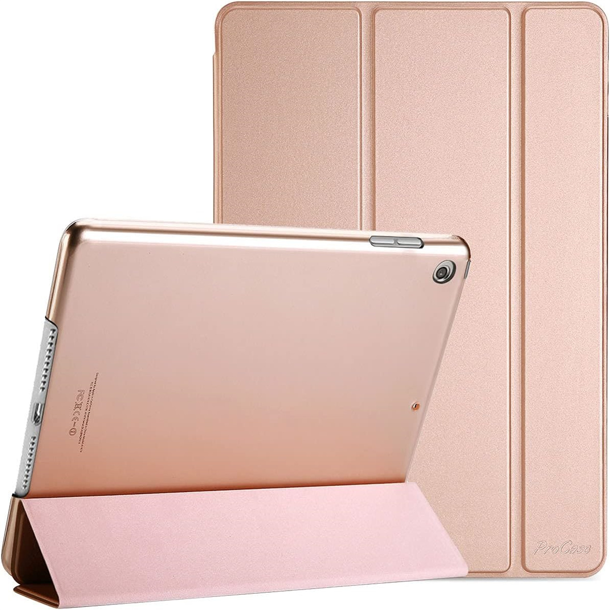 Eine roségoldfarbene Tablethülle, geöffnet, um den Bildschirm zu zeigen, aufrecht stehend. Dahinter steht eine geschlossene Hülle.