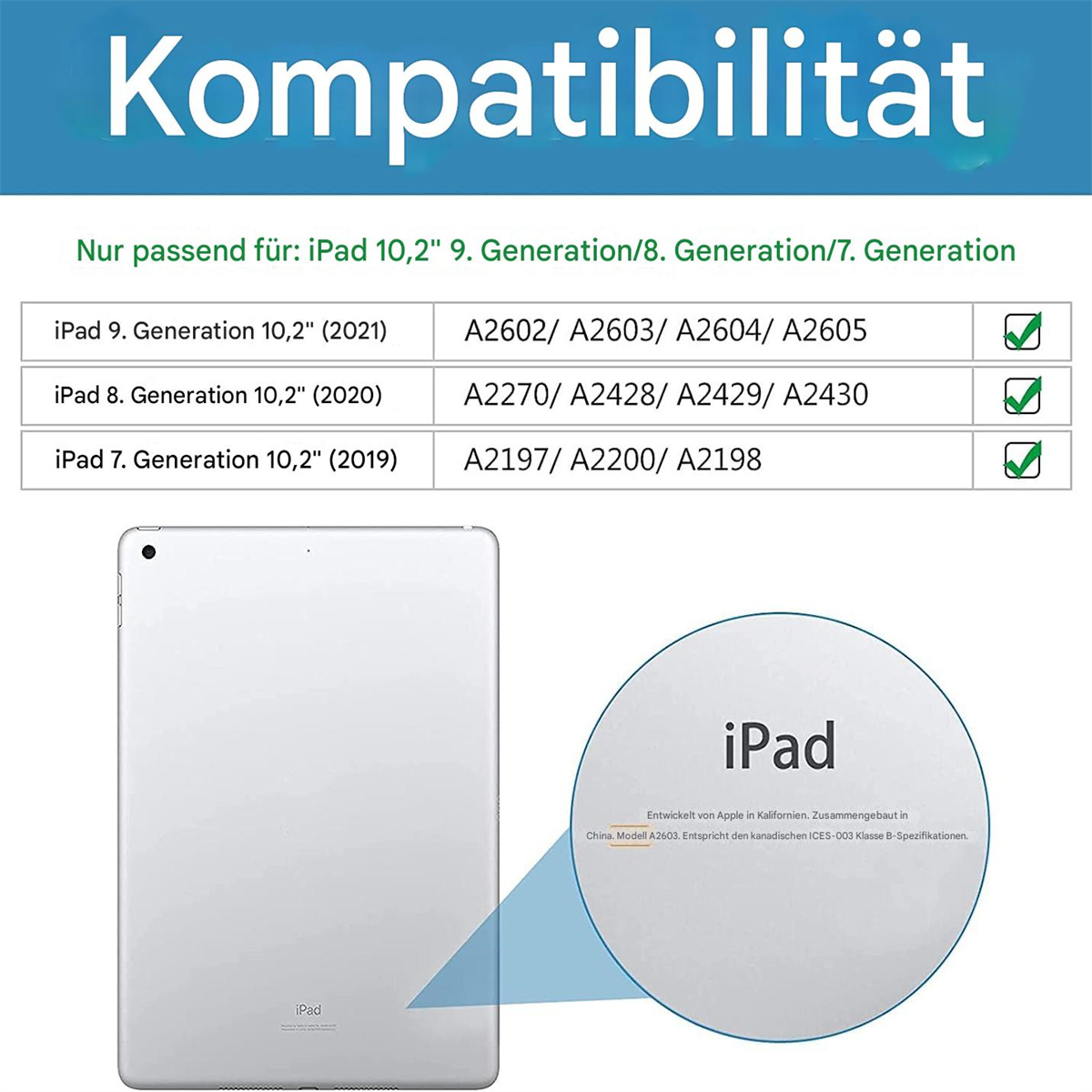 Tablet und Verpackung. Liste der kompatiblen iPads. iPad-Modell sichtbar. Weißer Hintergrund.