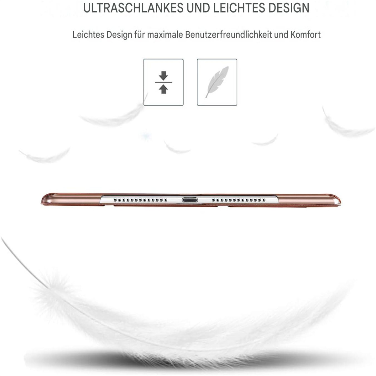 Eine schlanke Tablet-Hülle mit brauner Rückseite und mehreren weißen Federn, die darum schweben.