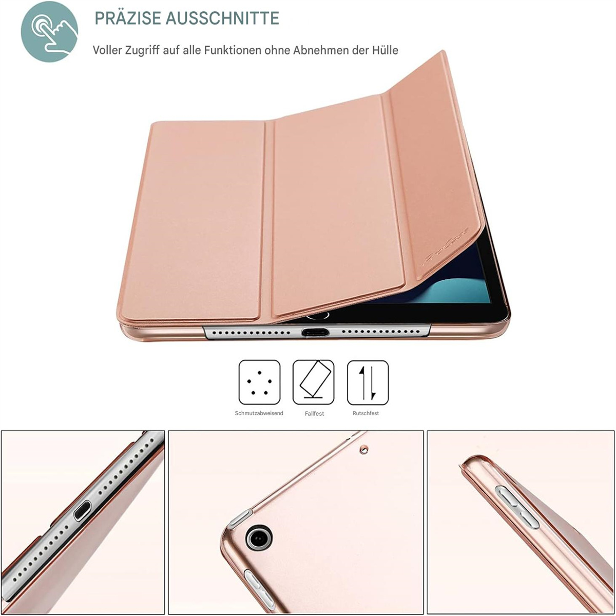Ein roségoldfarbenes Tablet mit geöffnetem Gehäuse, das den Bildschirm zeigt. Enthält Details wie Staubresistenz und Grip.