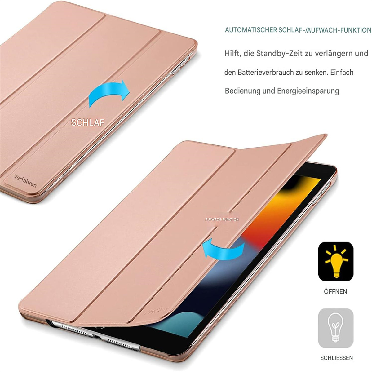 Tablet in einem roségoldenen Gehäuse. Gehäuse geöffnet, zeigt den Tablet-Bildschirm. Blaue Pfeile und Glühbirnen-Symbol.
