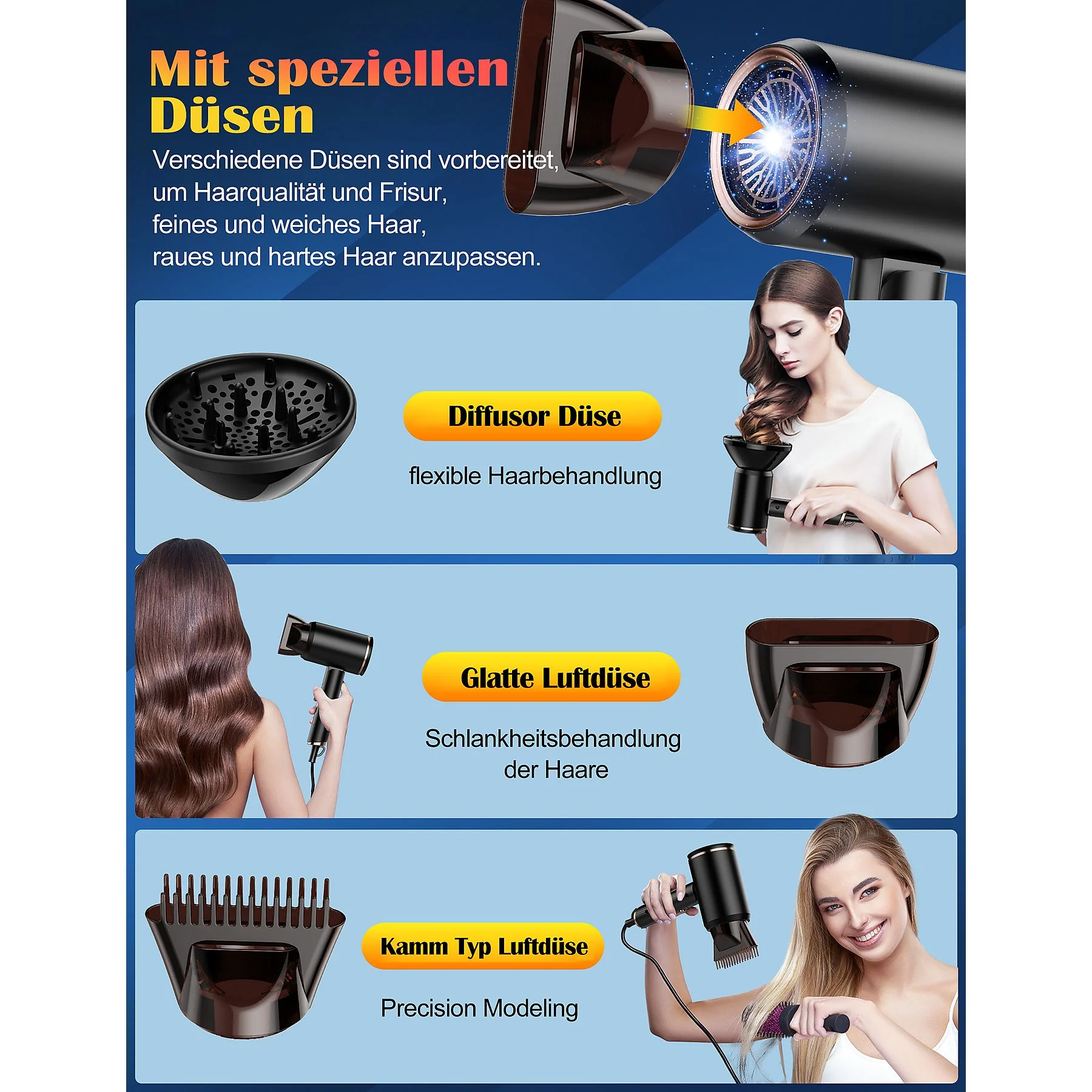 Frau benutzt Haartrockner mit verschiedenen Aufsätzen. Bilder zeigen Diffusor-, Glättungs- und Kammaufsätze.