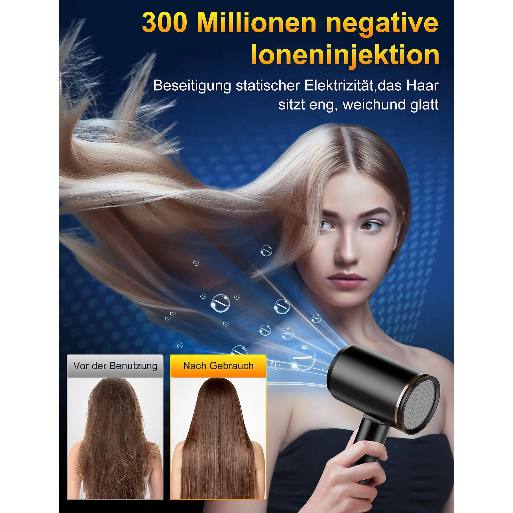 Frau, die einen schwarzen Haartrockner benutzt. Vergleich vor und nach der Anwendung. Blondes Haar.