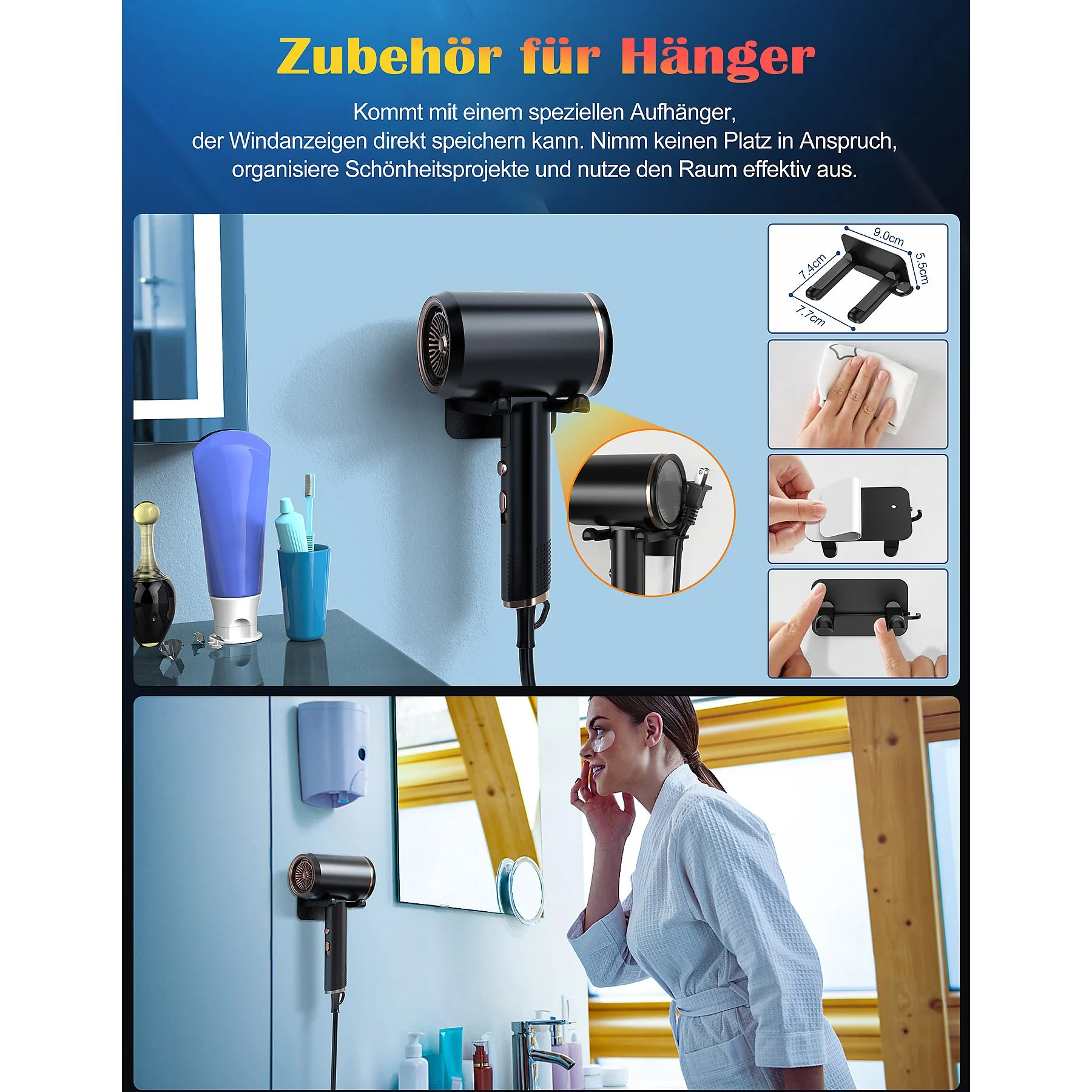 Haartrockner mit Wandhalterung. Das Bild zeigt Trockner, Halterung und eine Frau, die den Trockner benutzt.