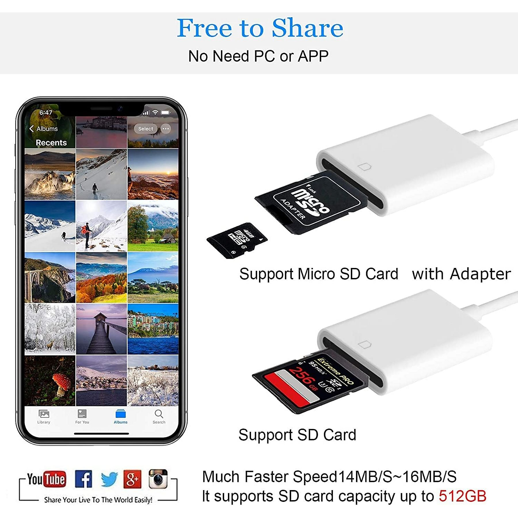 Ein iPhone, das Fotos anzeigt, mit einem Adapter, der mit dem Telefon verbunden ist, und Beispielen für das Einlegen von SD-Karten.