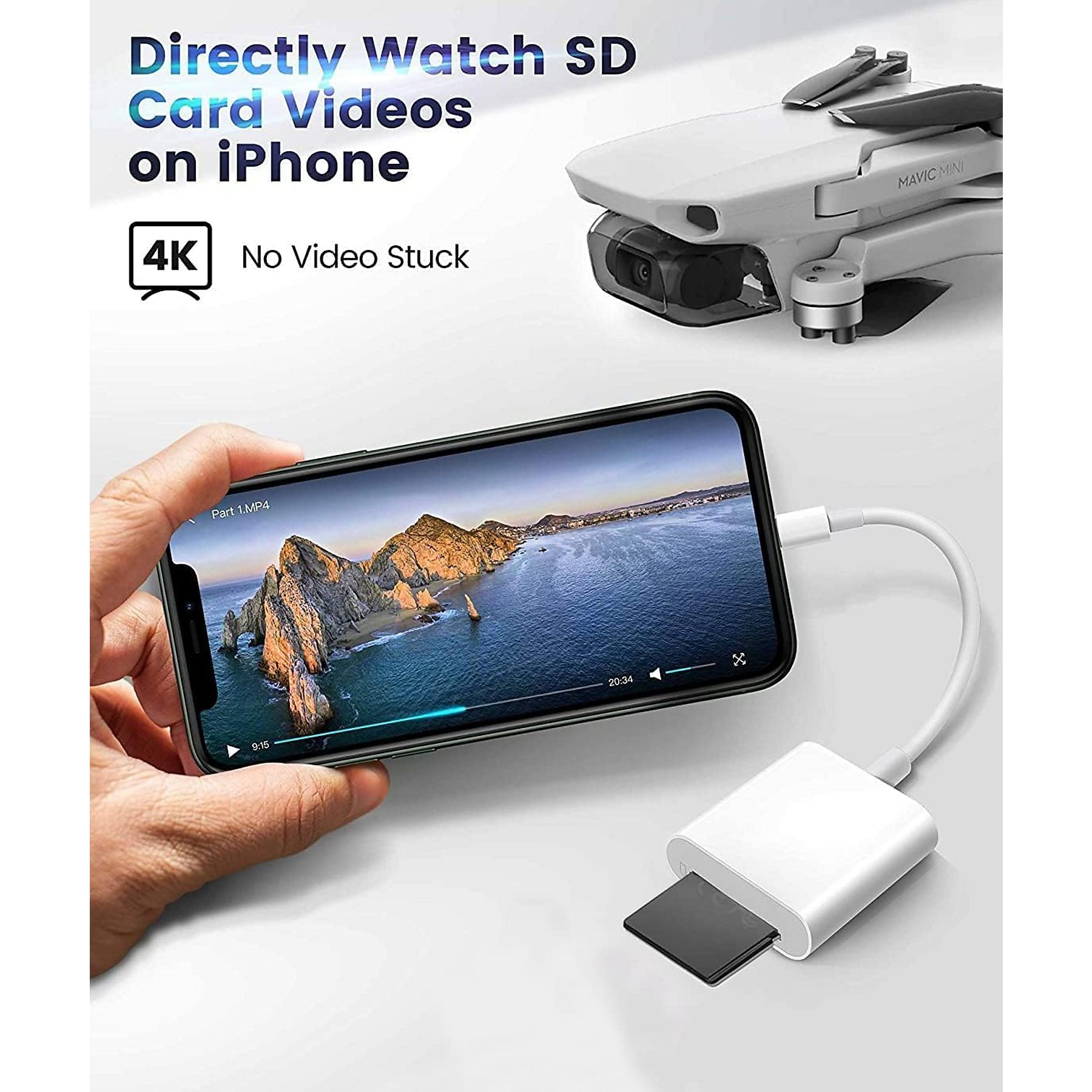 iPhone mit SD-Kartenleser verbunden. Das Telefon zeigt ein Video einer Landschaft, eine Drohne ist dabei.