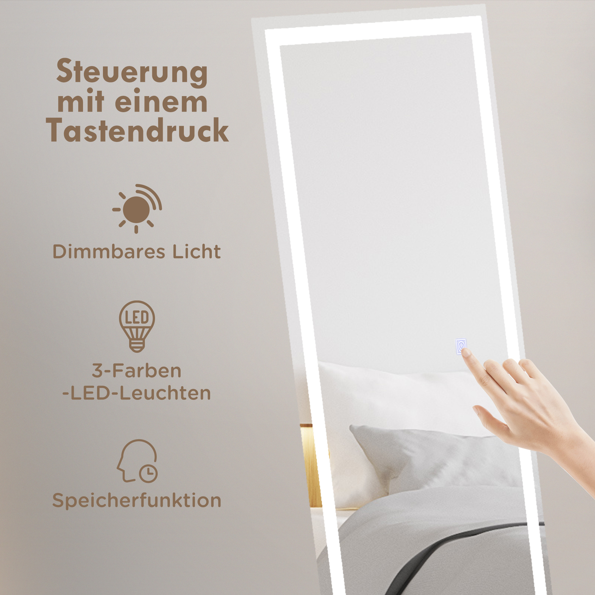 Eine Hand berührt einen beleuchteten Spiegel. Text erwähnt dimmbares Licht, 3 LED-Farben und Speicherfunktion.