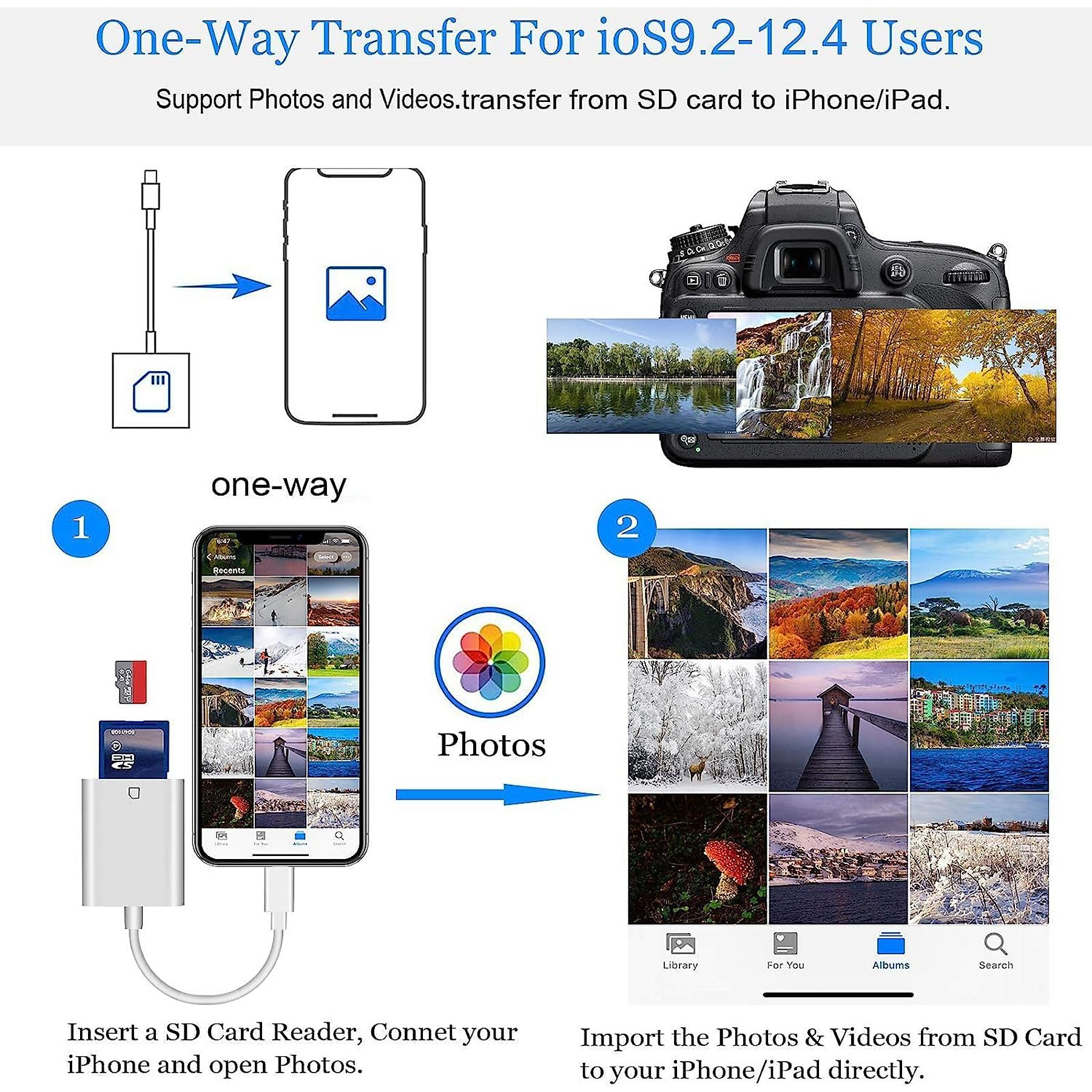 Diagramm zeigt das Einsetzen einer SD-Karte in den Leser, die Verbindung zum iPhone und das Importieren von Fotos.