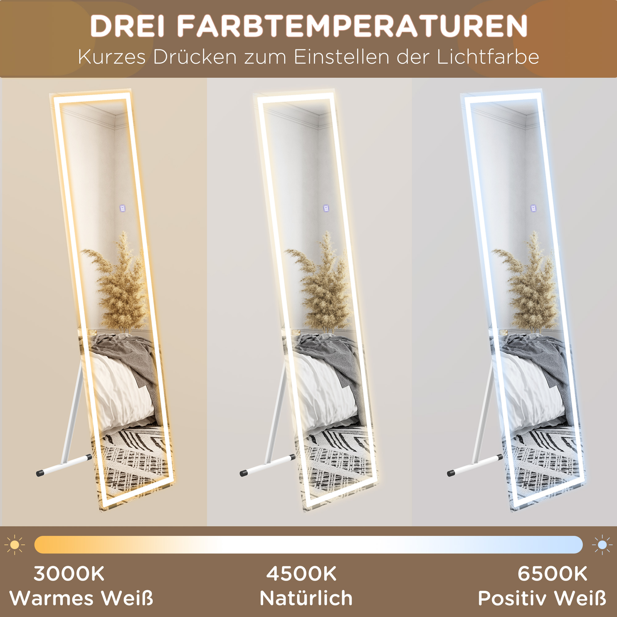 Drei Spiegel mit verschiedenen Farbtemperaturen, darunter Warmweiß, Natur und Positivweiß.