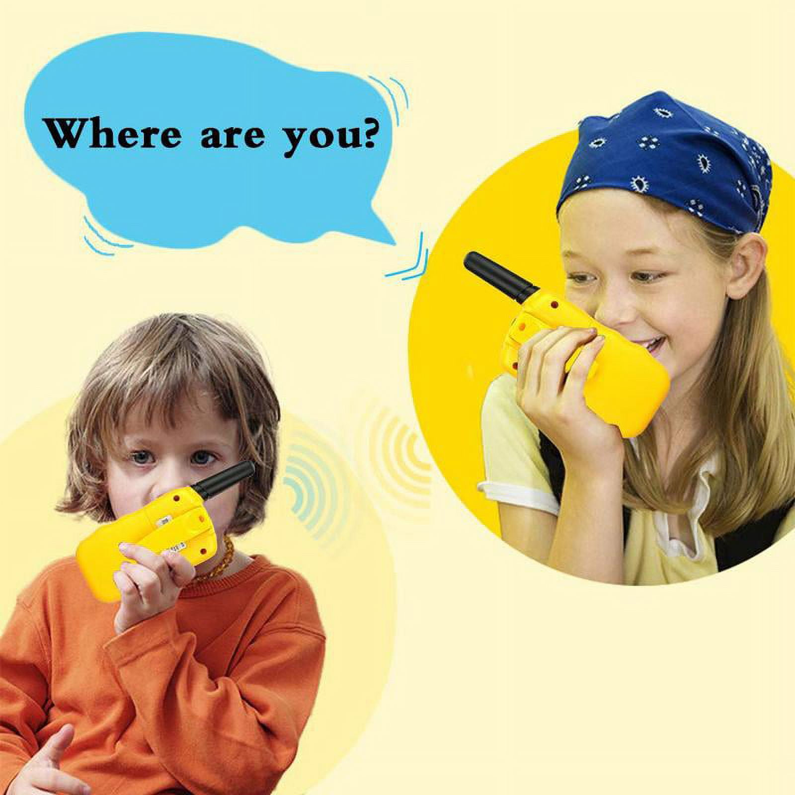 Zwei Kinder benutzen gelbe Walkie-Talkies, mit einer Sprechblase: 'Wo bist du?'.