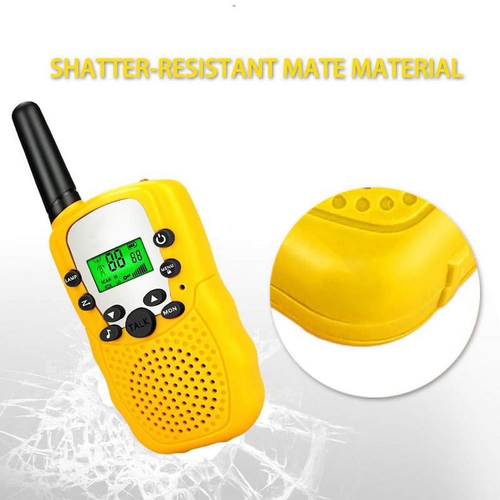 Ein gelbes Walkie-Talkie mit Antenne und Knöpfen, mit vergrößerter Ansicht des Materials.