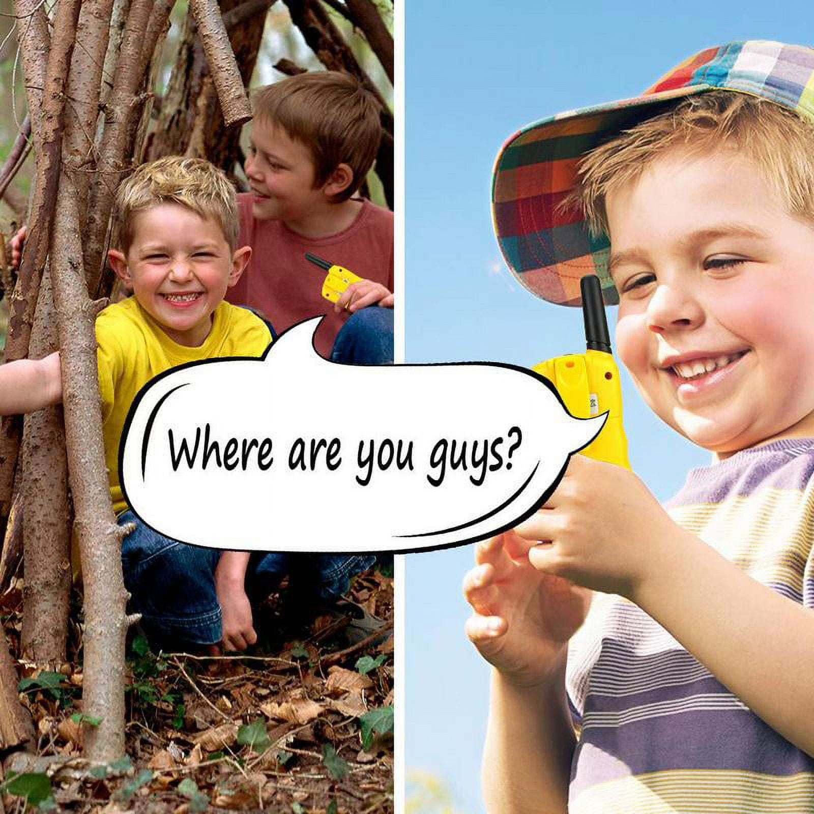 Zwei Jungen spielen mit Walkie-Talkies in einem Waldgebiet. Ein Junge lächelt, hält ein Walkie-Talkie.
