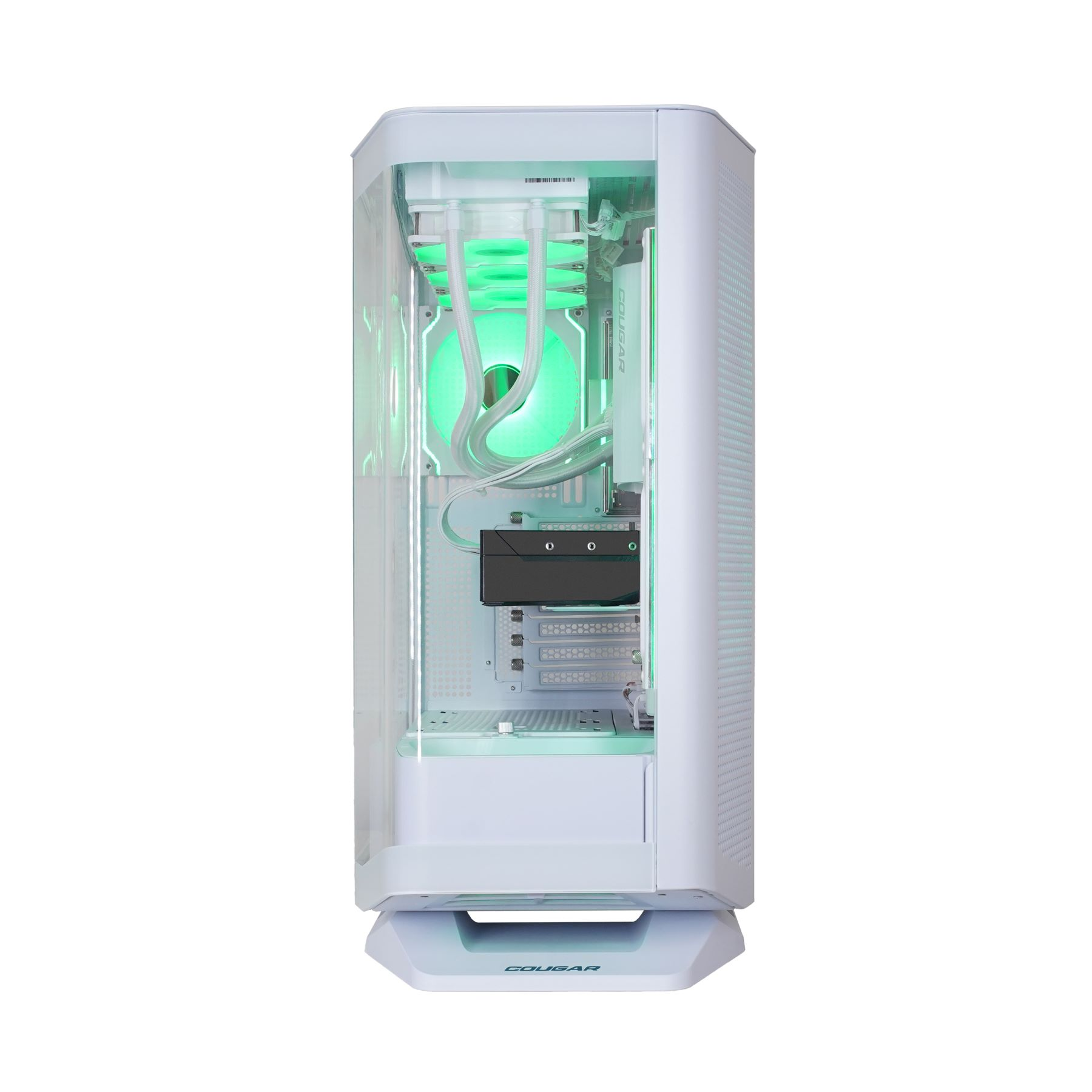 Weißes Computergehäuse mit internen Komponenten, die von grünen Lichtern beleuchtet werden. Cougar Produkt.