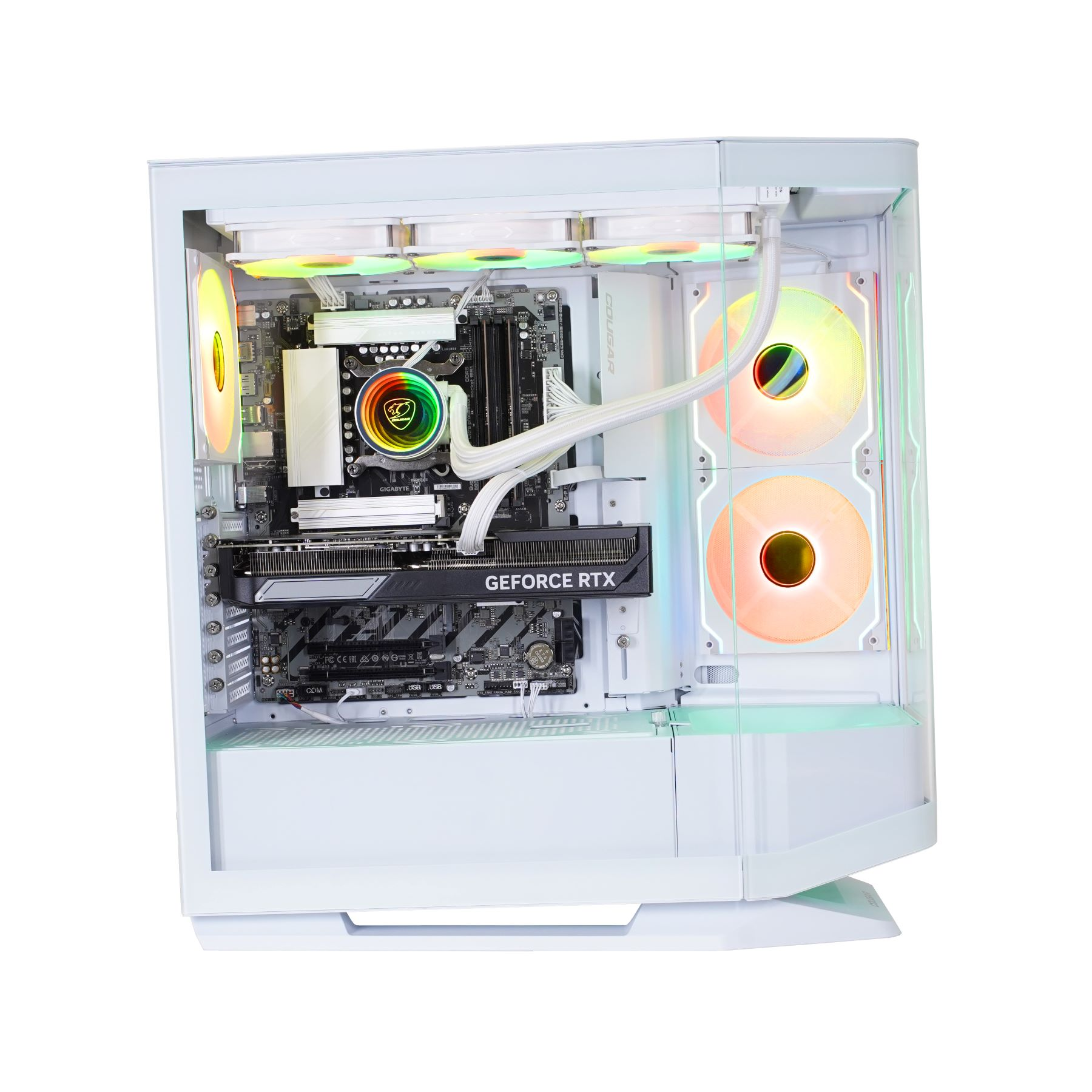 Weißes Computergehäuse mit beleuchteten Lüftern. Im Inneren befinden sich Komponenten wie Grafikkarte und Mainboard.