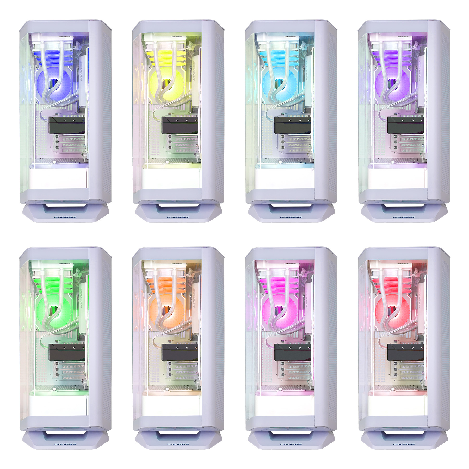 Acht weiße PC-Gehäuse mit beleuchteten Komponenten in verschiedenen Regenbogenfarben.