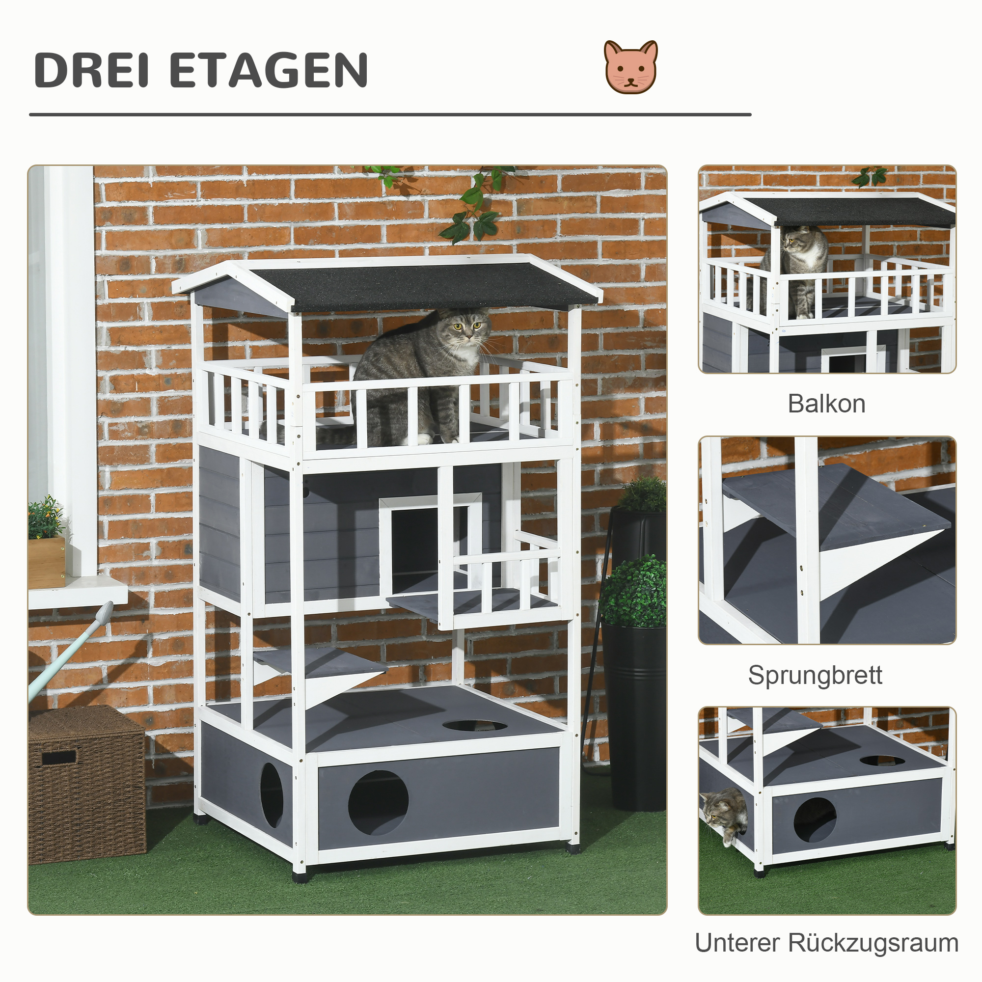 Ein mehrstöckiger Katzenbaum mit grauem und weißem Design, mit mehreren Plattformen und einem Haus.