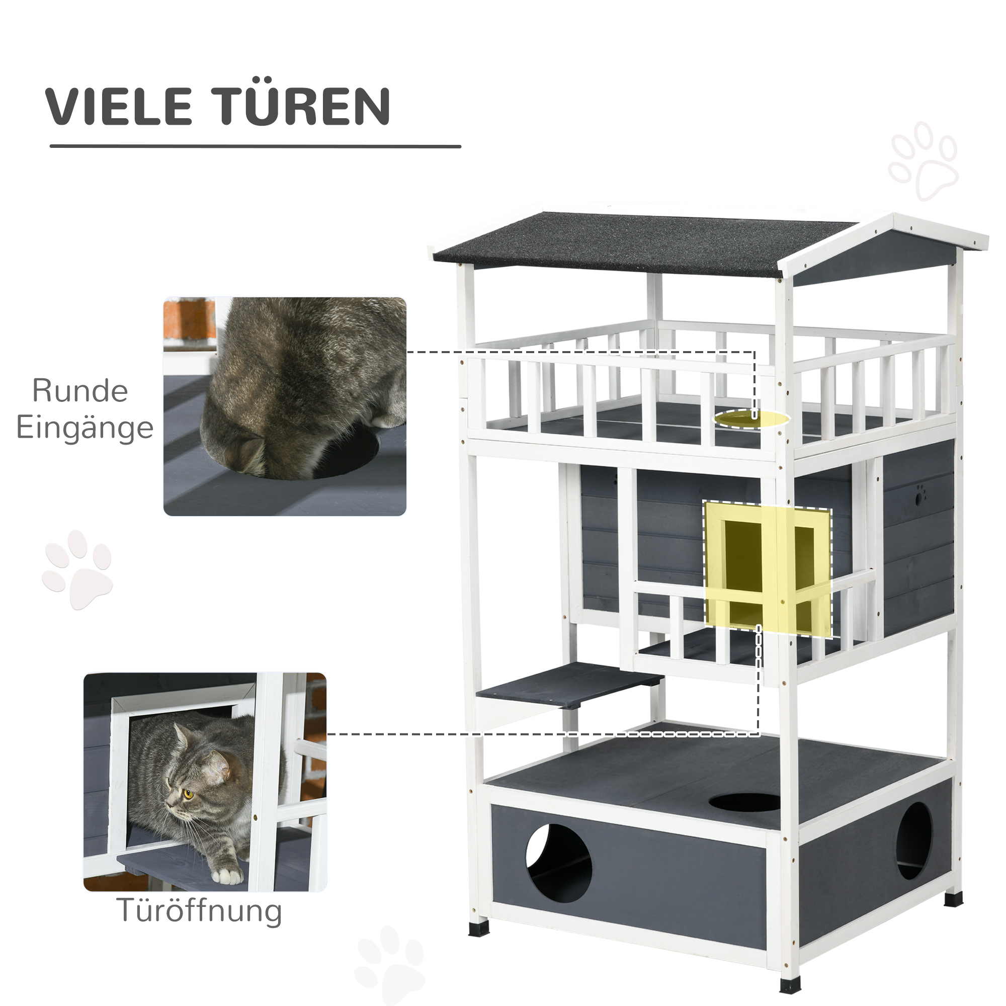 Katzenhaus mit Katze darin und Details wie Eingängen, Öffnungen und einer Tür.
