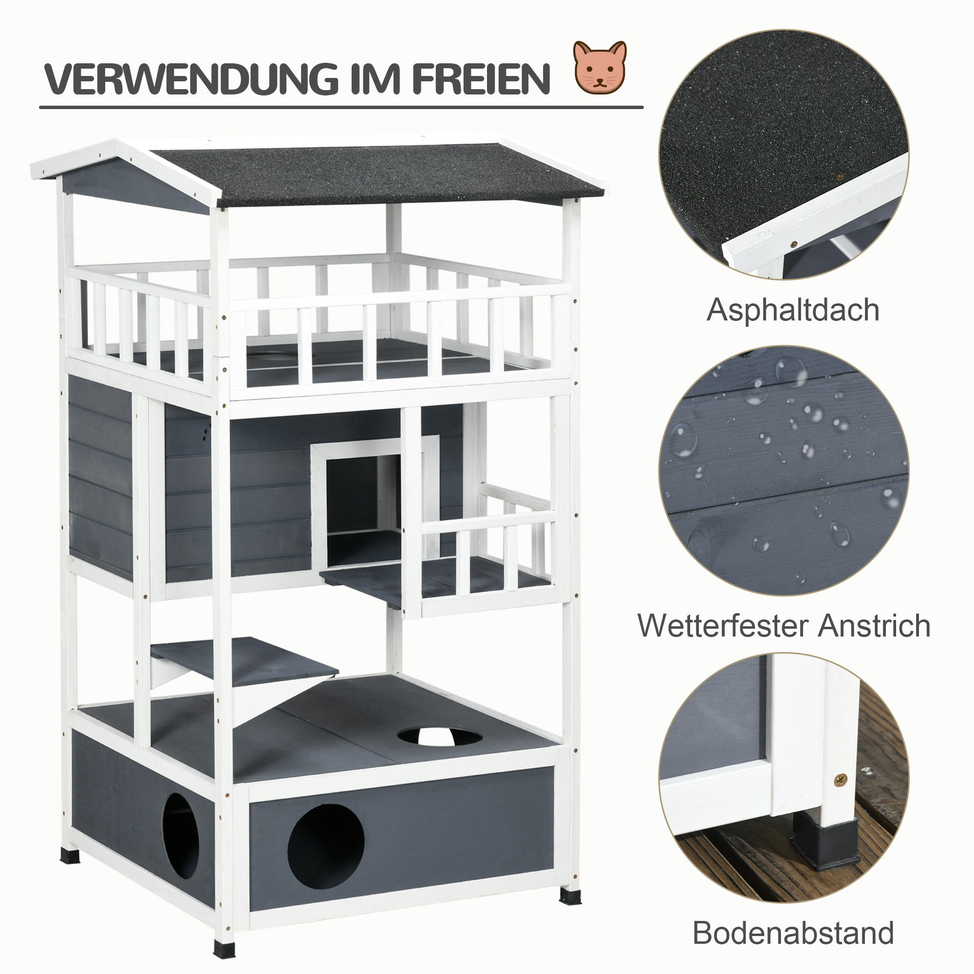 Katzenbaum mit grauem und weißem Design, mit Dach und mehreren Plattformen. Details von Dach und Holz gezeigt.
