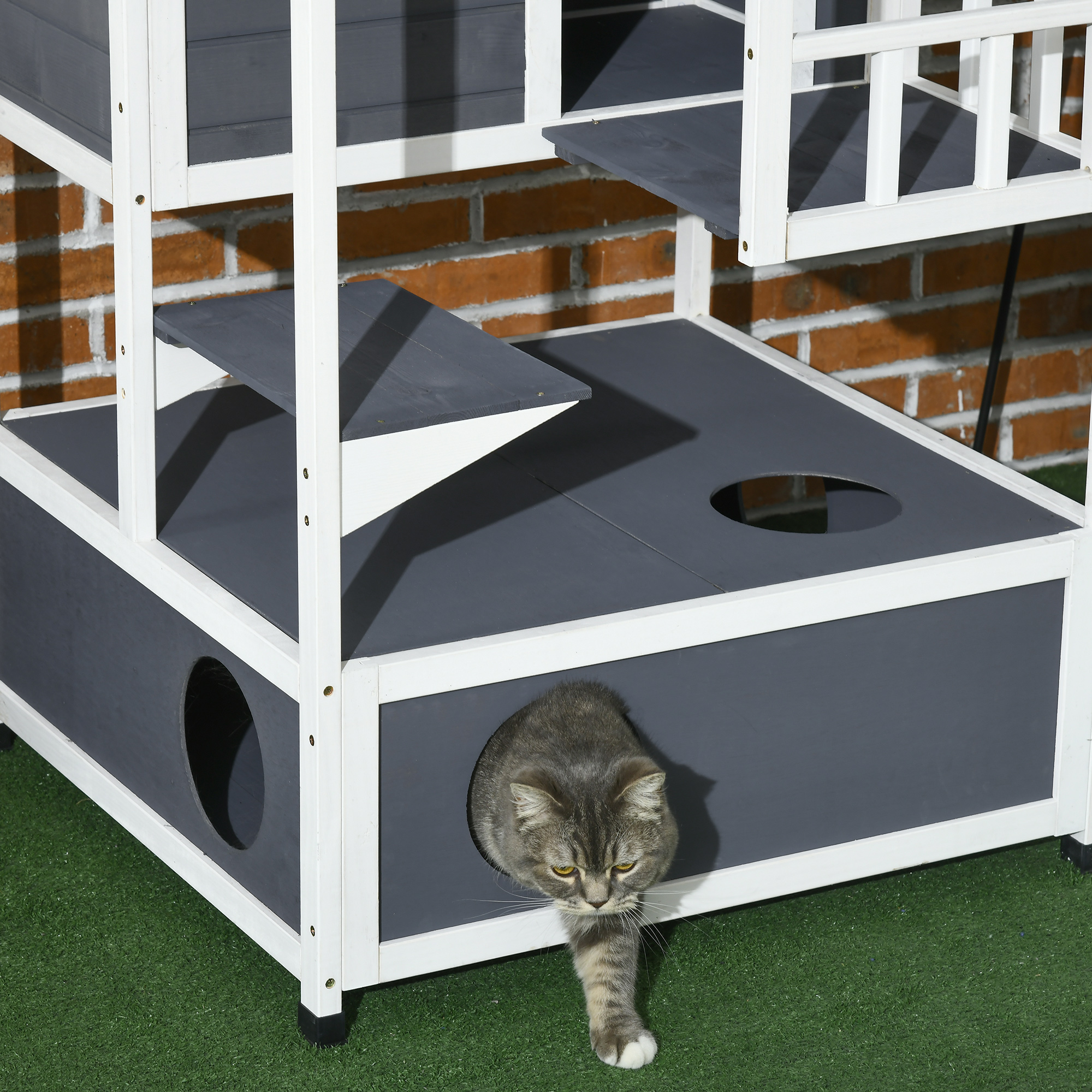 Eine Katze kommt aus einem Loch in einem mehrstöckigen Katzenbaum in Grau und Weiß heraus.
