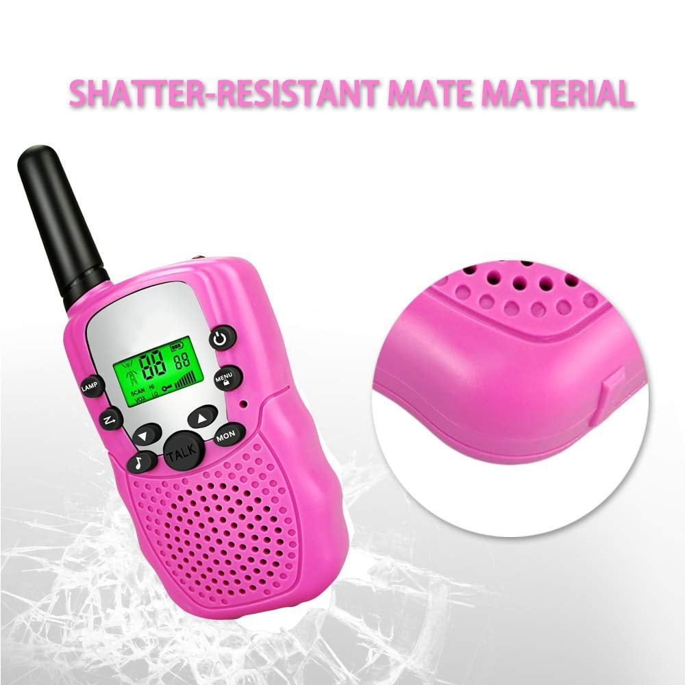 Ein pinkfarbenes Walkie-Talkie mit Nahaufnahme des Lautsprechers und dem Text „Shatter-Resistant mate material“.