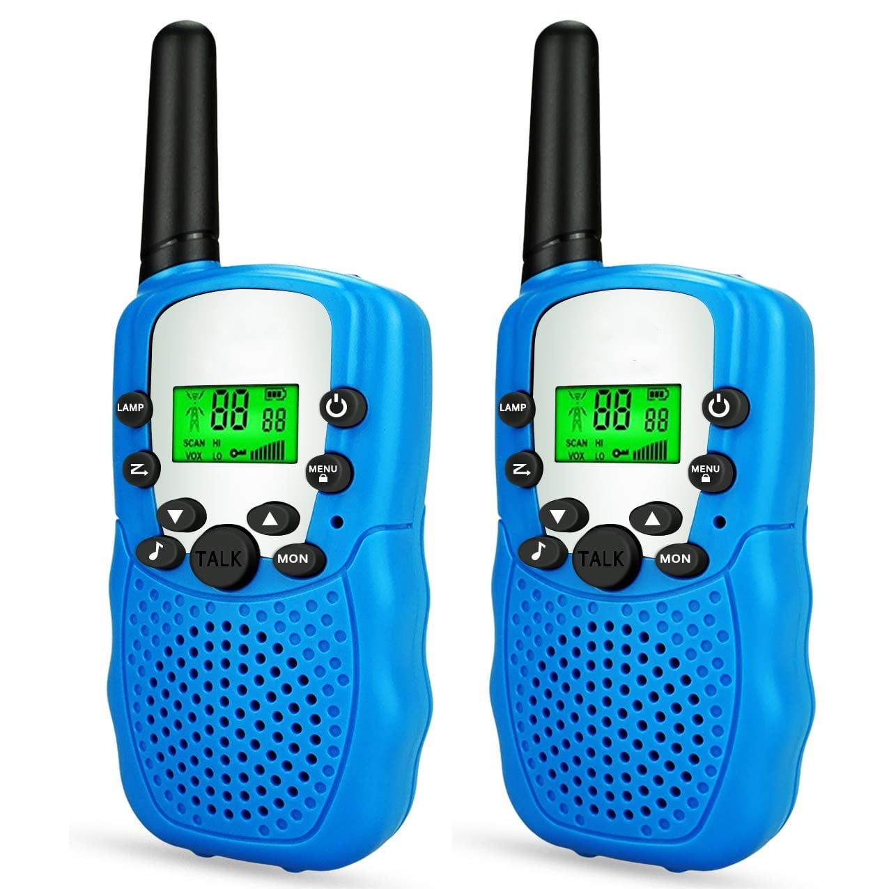 Zwei blaue Walkie-Talkies mit schwarzen Antennen. Anzeigen zeigen Zahlen und Symbole.