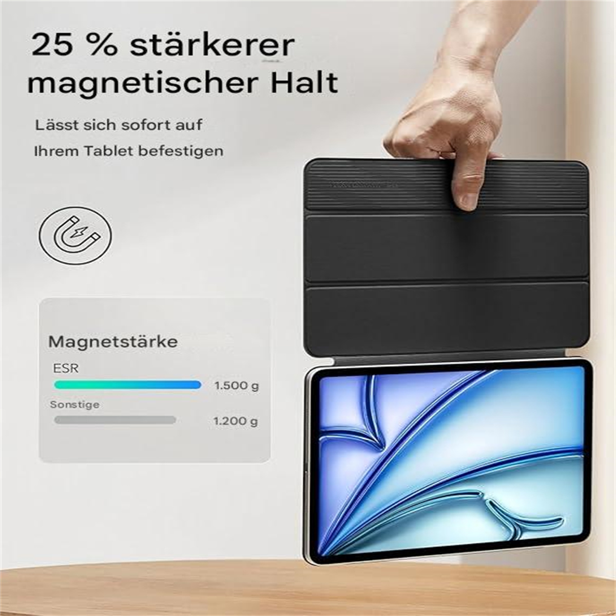 Ein Tablet mit Magnetgehäuse, zeigt den Magnetkraftvergleich.