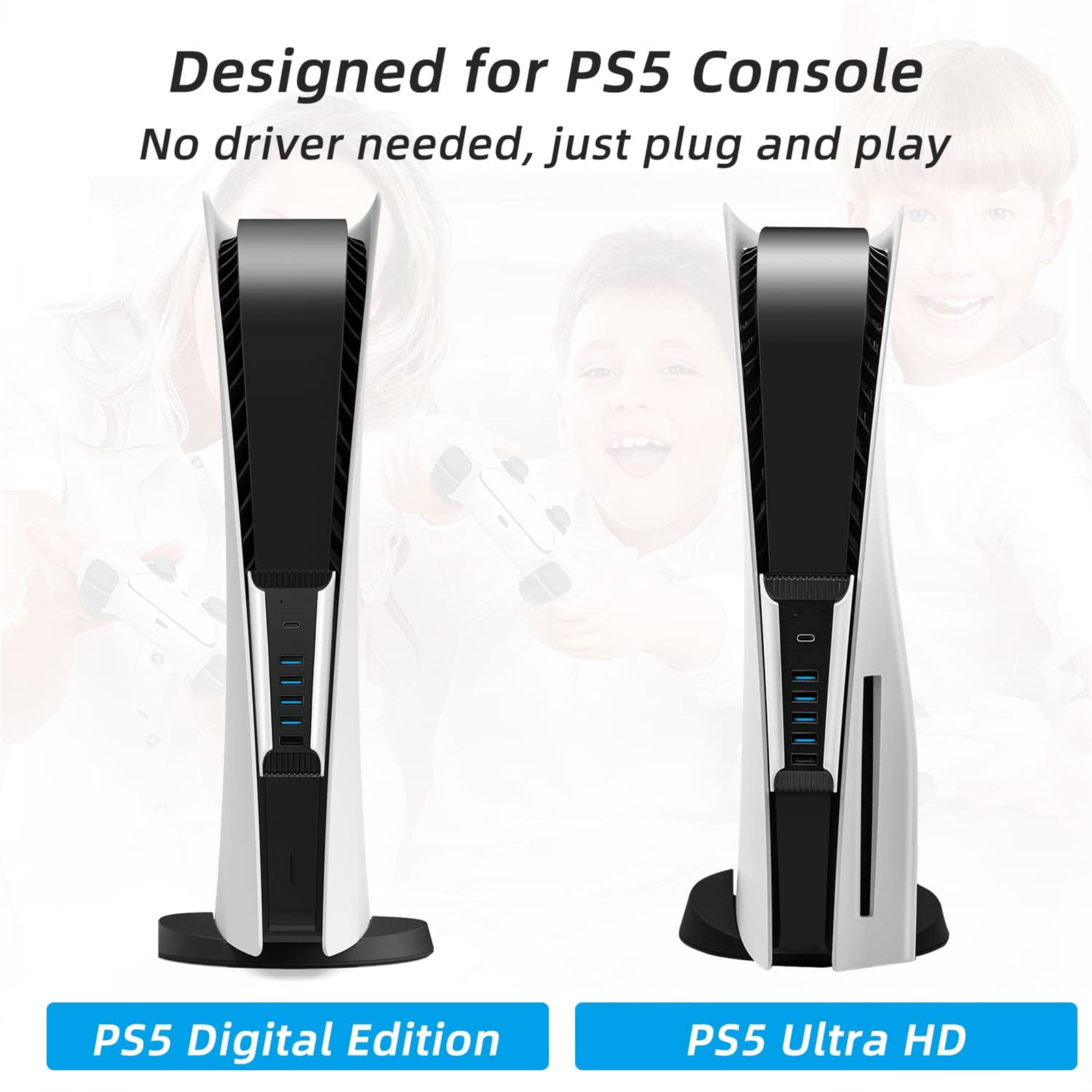 Zwei weiß-schwarze PlayStation 5-Konsolen. Der Text lautet PS5 Digital und Ultra HD.