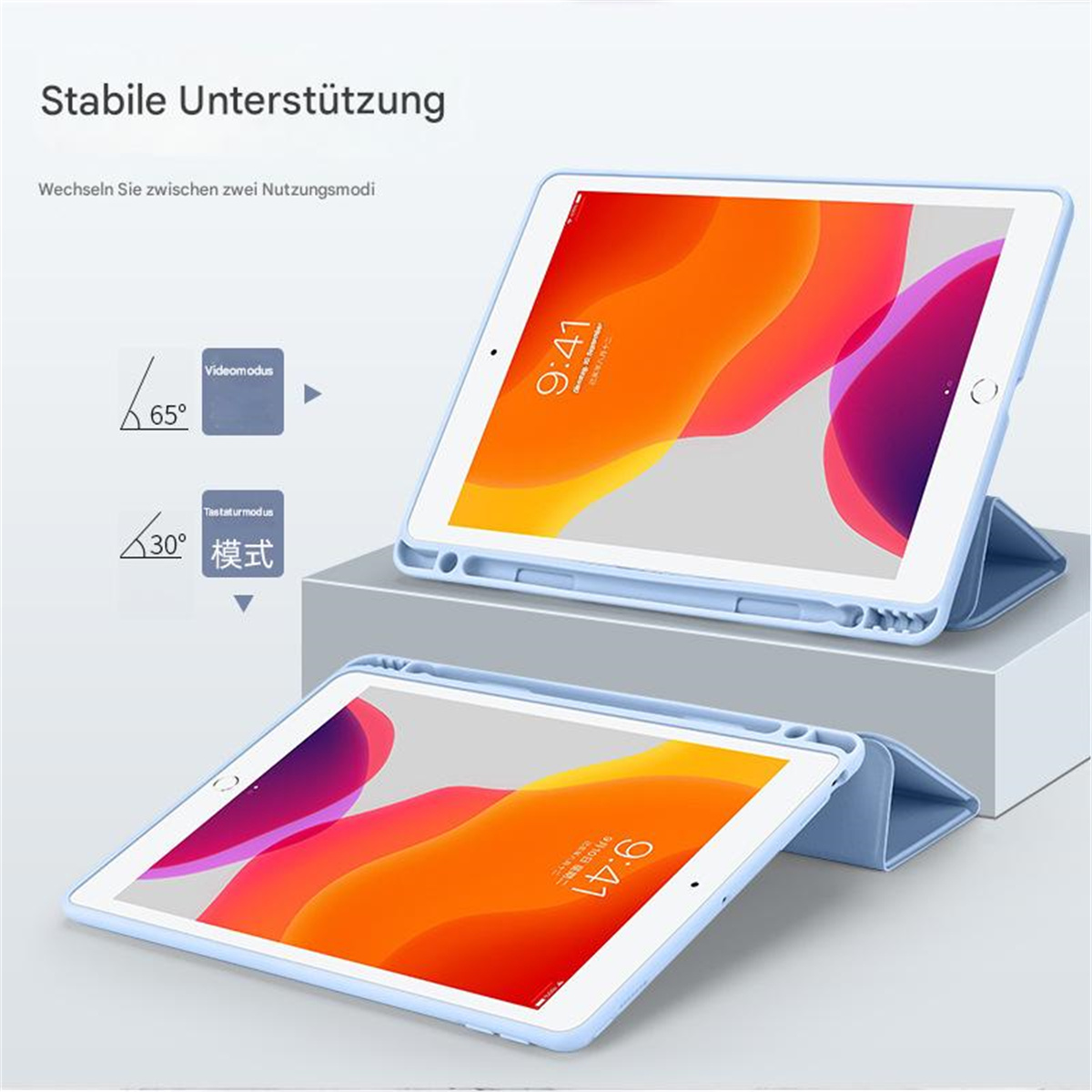 Zwei iPads mit blauem Gehäuse. Eines steht, das andere liegt flach.