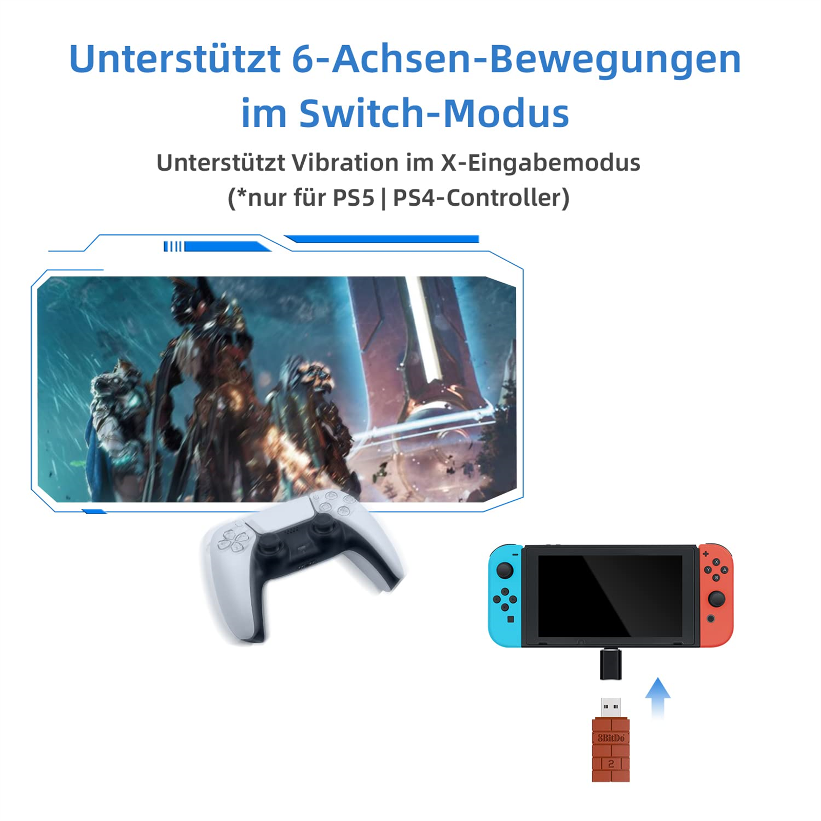 Ein Controller und ein Switch neben einem Bild einer Videospielszenen mit Text über Bewegung.