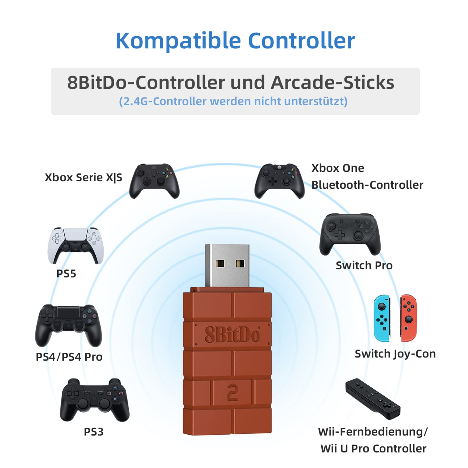 Ein USB-Adapter, umgeben von verschiedenen Gamecontrollern, die Kompatibilität zeigen.