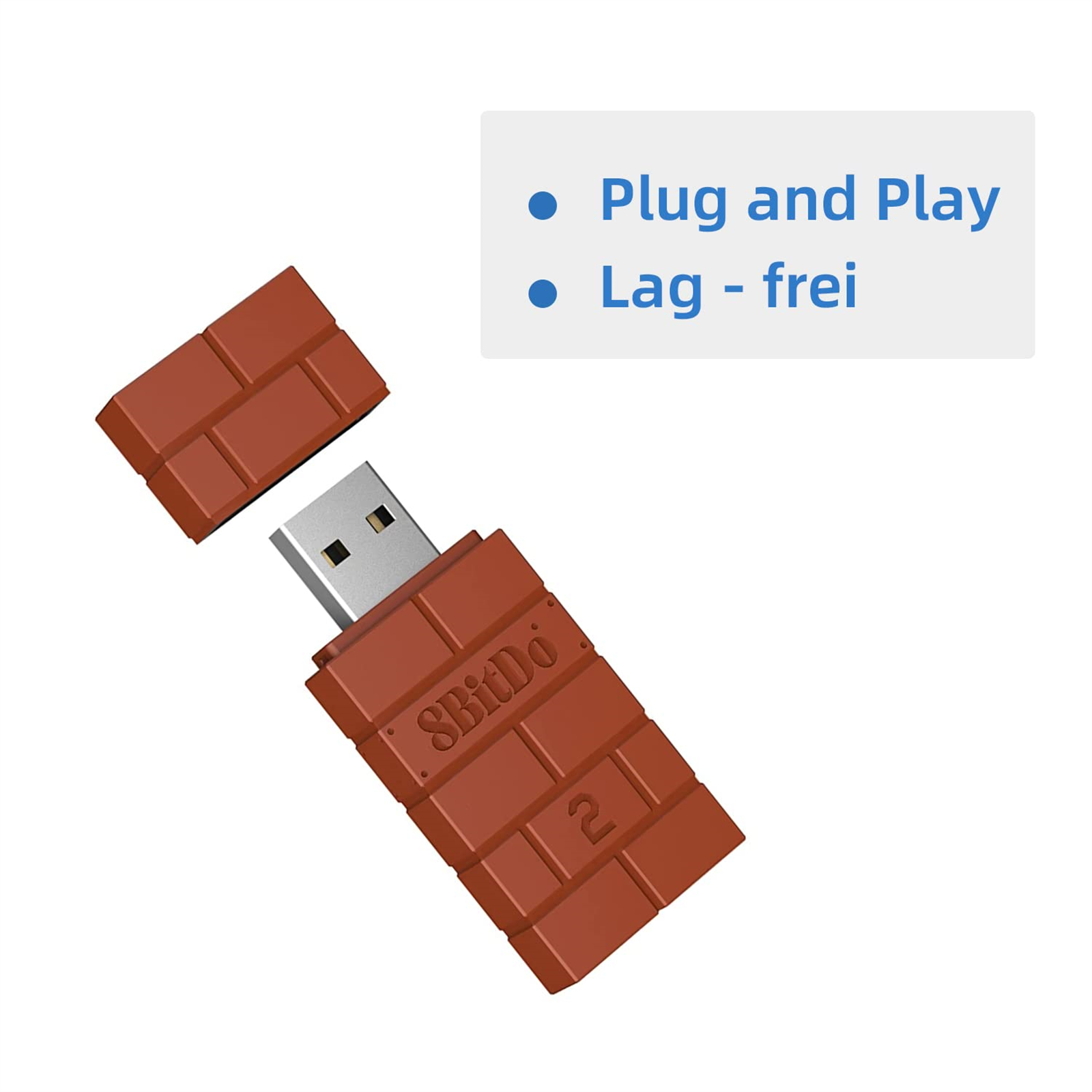 Ein USB-Adapter im Ziegeldesign, mit abgetrenntem Oberteil, in der Nähe von Text über Plug and Play.