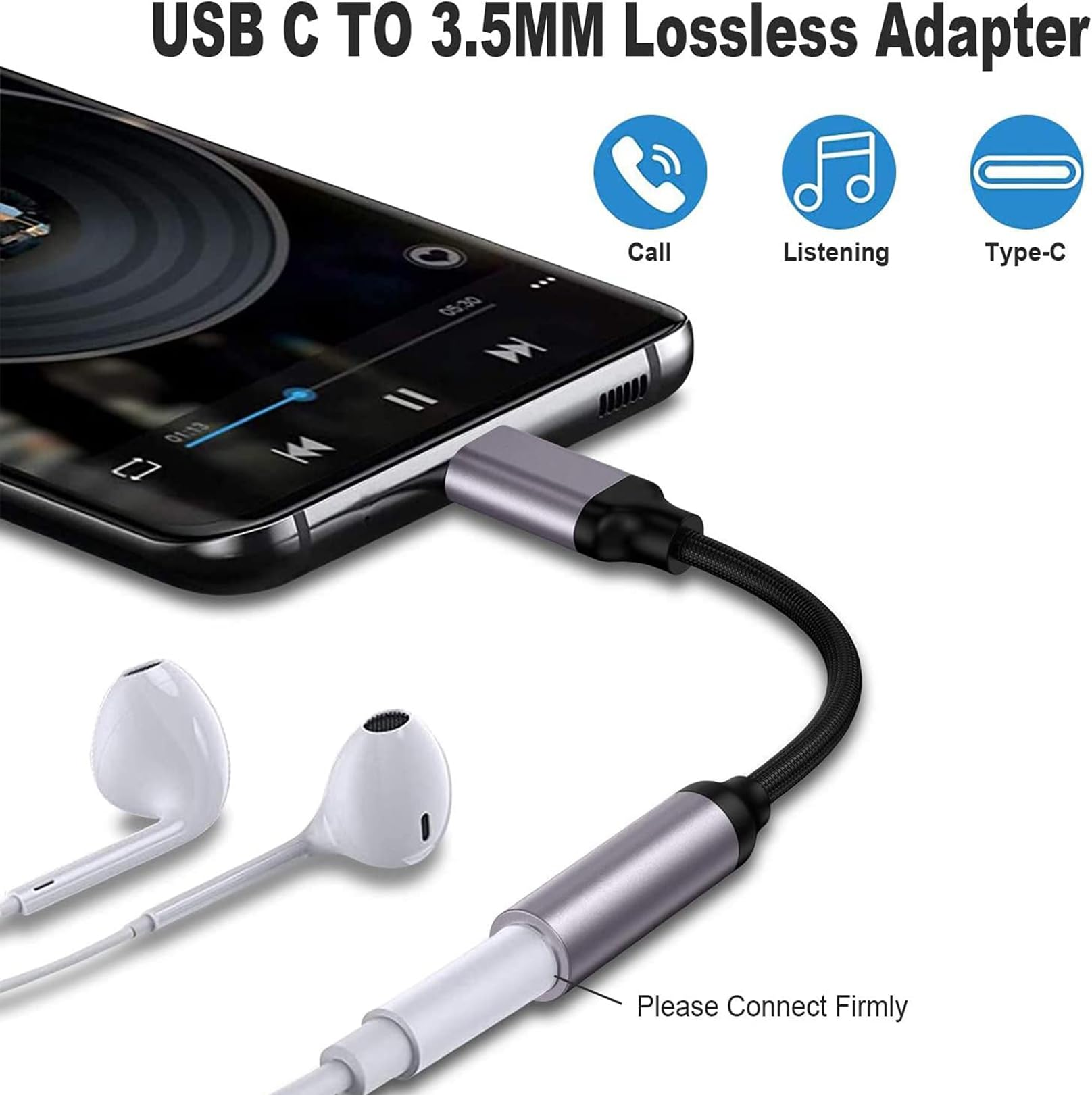 Ein Telefon, verbunden mit einem USB-C-zu-3,5-mm-Adapter mit Kopfhörern, in der Nähe von Symbolen für Anruf, Hören und Typ-C.