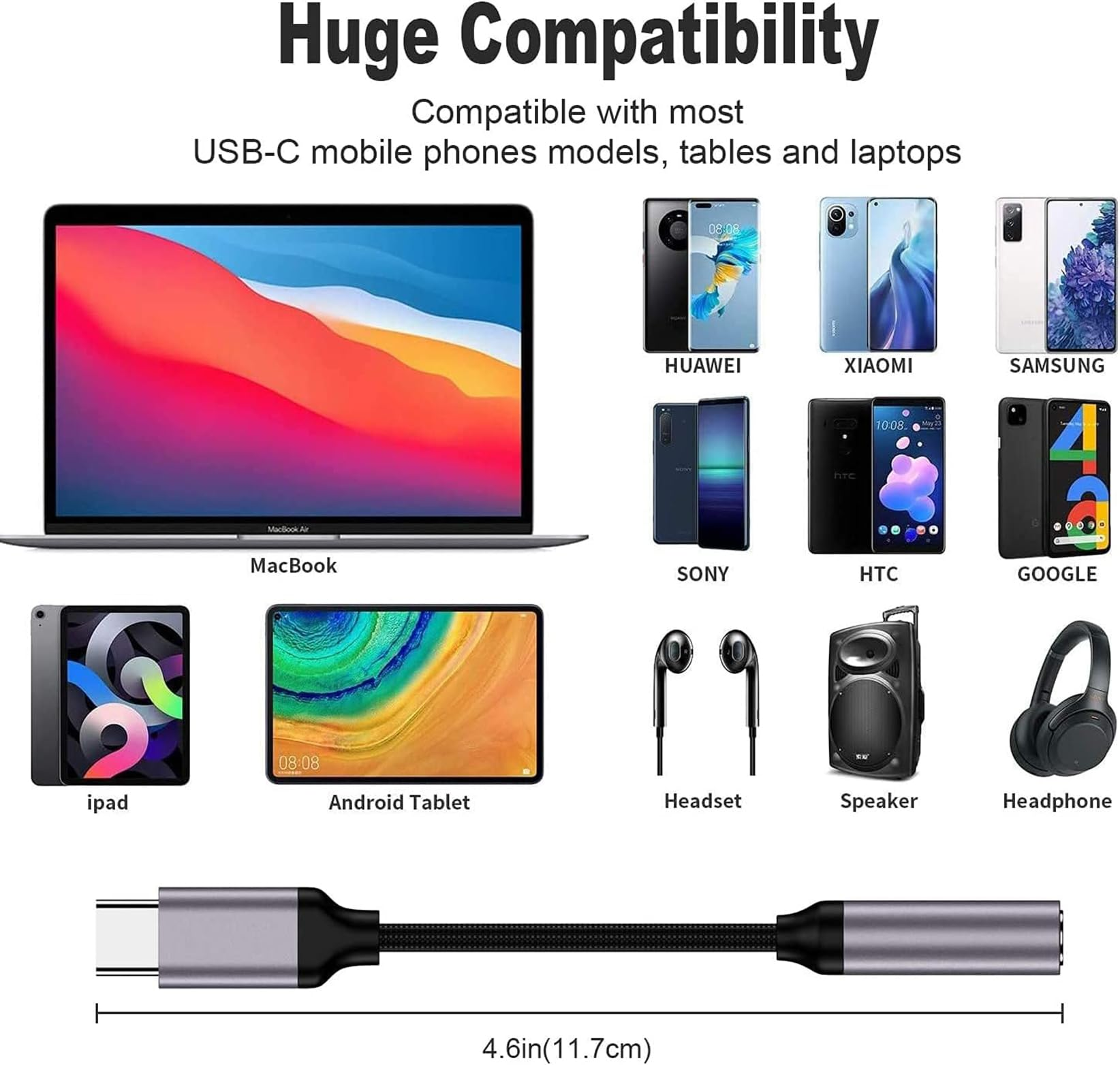 Schwarzer USB-C-Audioadapter und verschiedene Geräte, darunter Telefone, Tablets und Kopfhörer.