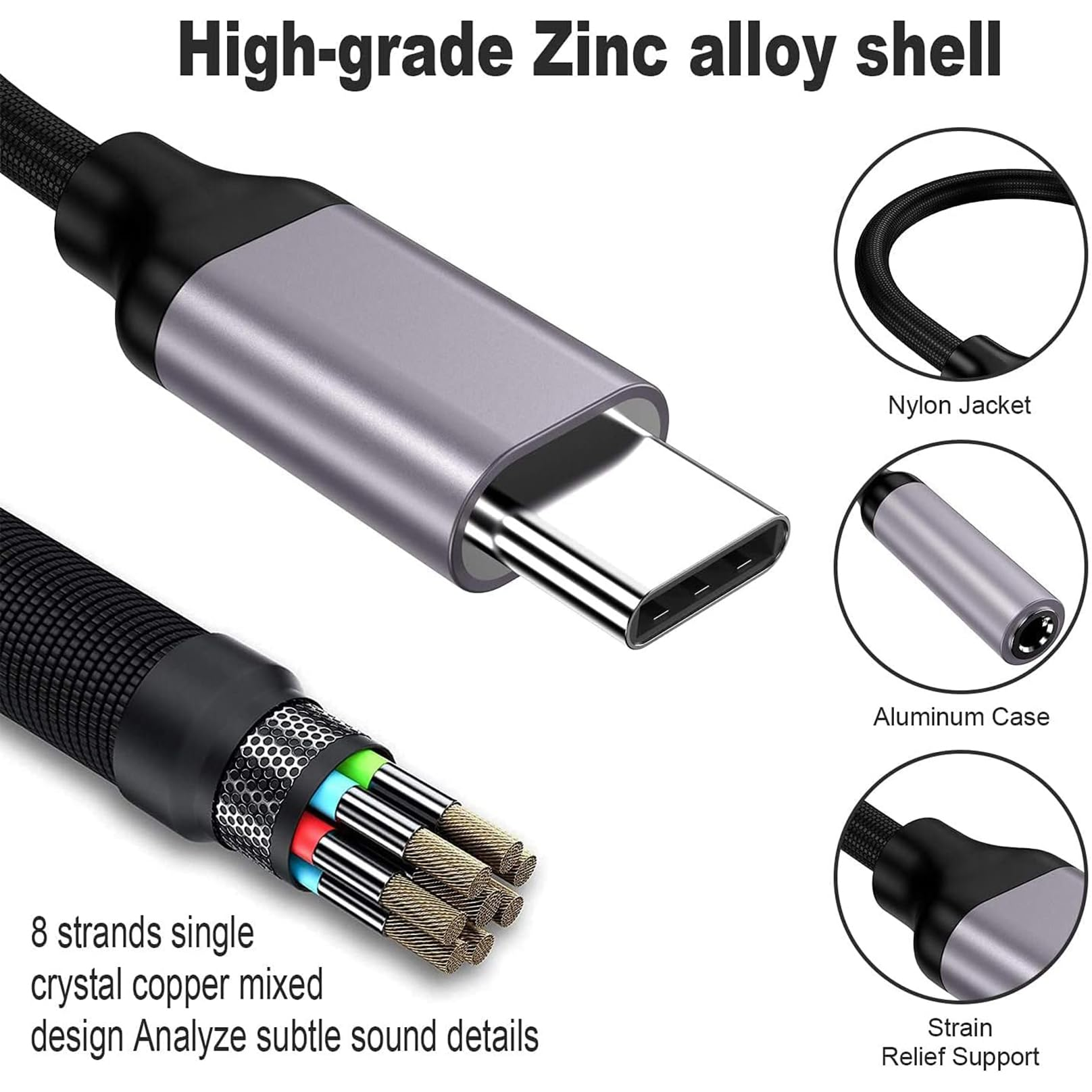USB-C-Kabel mit Zinklegierungsschale. Details der Kabel- und Steckverbinderkomponenten werden gezeigt.