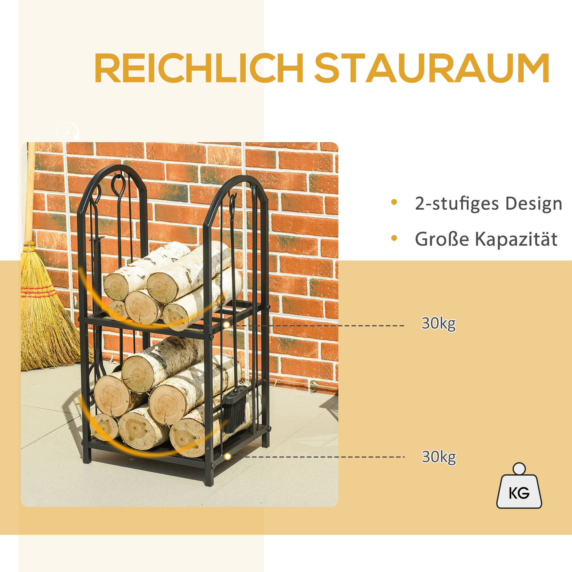 Holzhalter mit Holzscheiten. Text auf Deutsch. Hält 30 kg Holzscheite auf jeder Ebene.