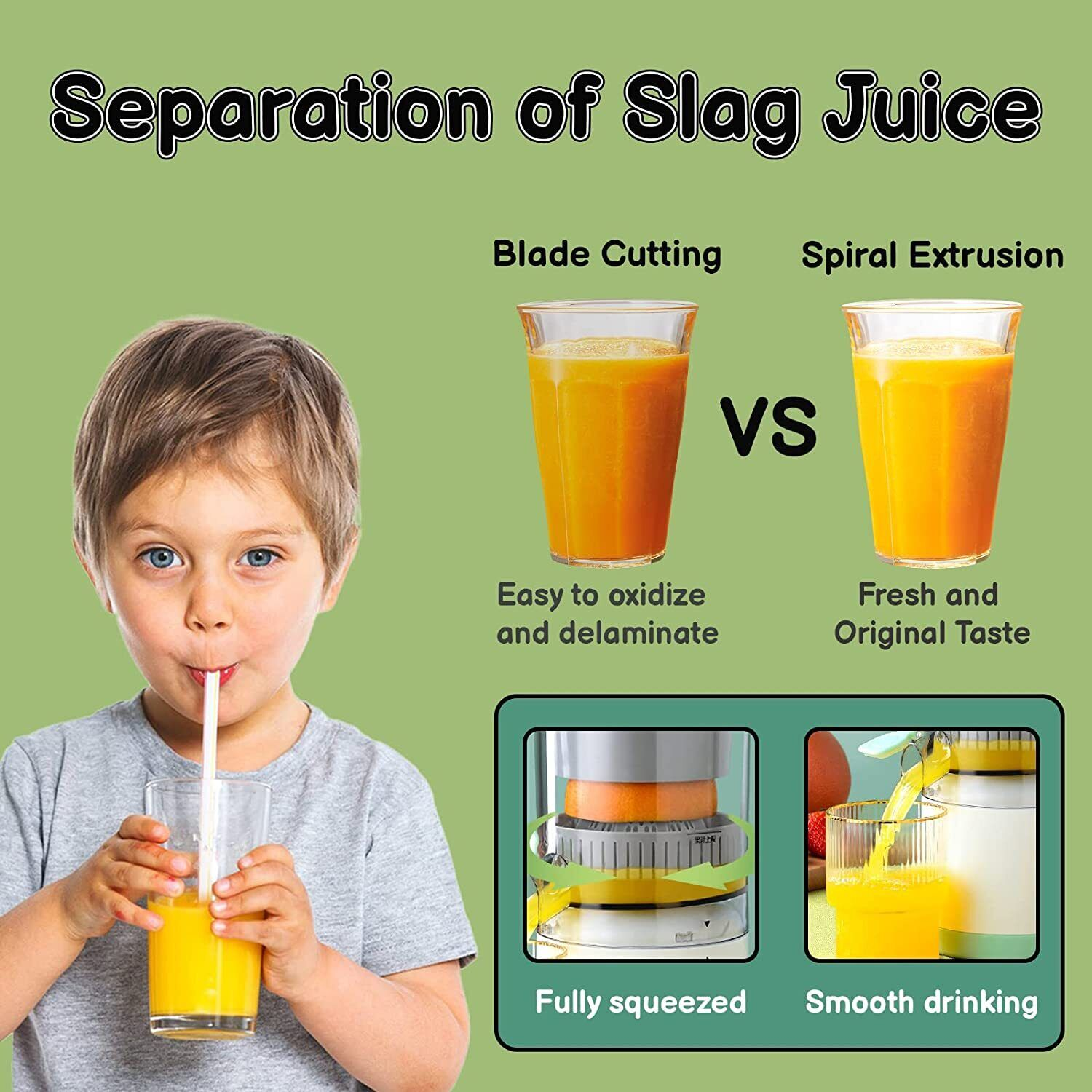 Ein Junge trinkt Saft und zeigt den Prozess der Saftextraktion. Orangensaft in zwei Gläsern.
