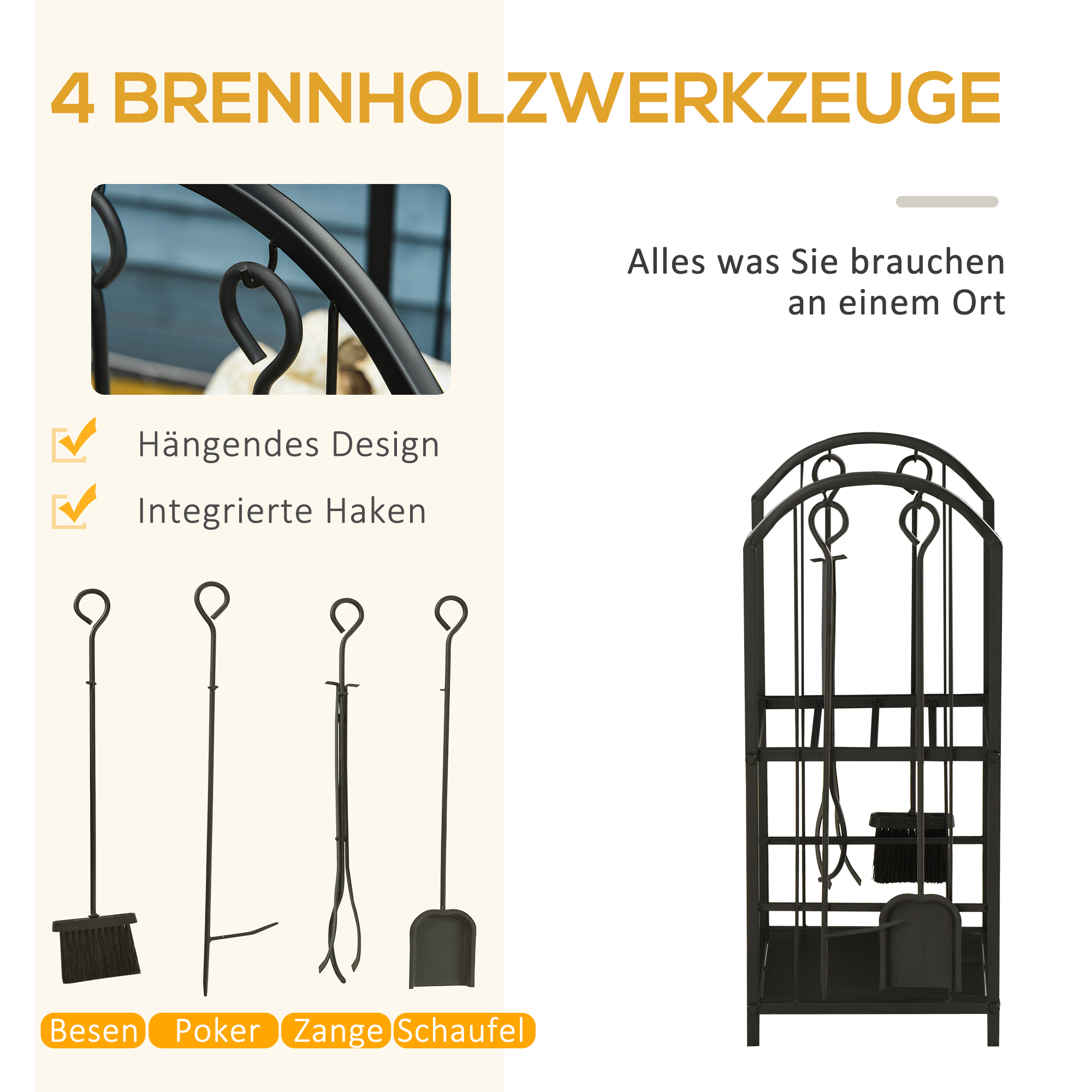 Kaminwerkzeuge auf einem schwarzen Gestell. Enthält einen Schürhaken, eine Bürste, eine Zange und eine Schaufel.