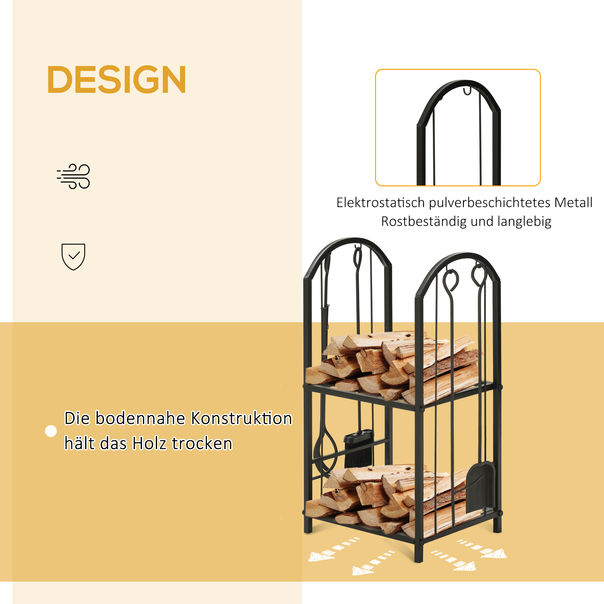 Ein schwarzes Metall-Holzregal mit Brennholz. Es hat ein Design mit Luftzirkulation und eine bodennahe Konstruktion.